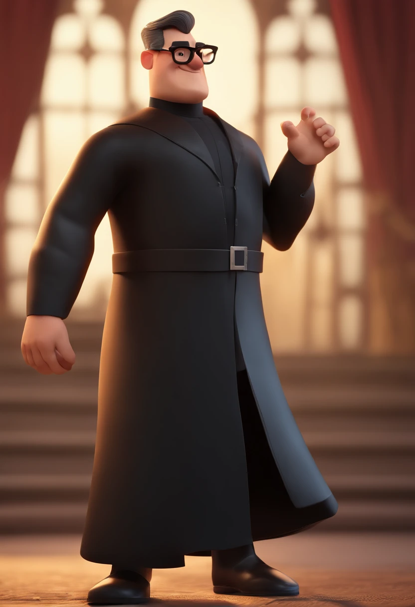 Cartoon character of a man with black glasses and a black cassock, animation character, Caractere estilizado, animation style rendering, 3D estilizado, Arnold Maya render, 3 d render stylized, toon render keyshot, Personagem 3D, Personagem 3D, 3d rendering stylized, 3 d character render, personagem de desenho animado, Personagem de close up, Pose de personagem, (Estilo Pixar) (master part:1.2) (Bokeh) (best quality) (pele detalhada) (textura detalhada) (8k) (argila) (Cinematic lighting) (foco nítido