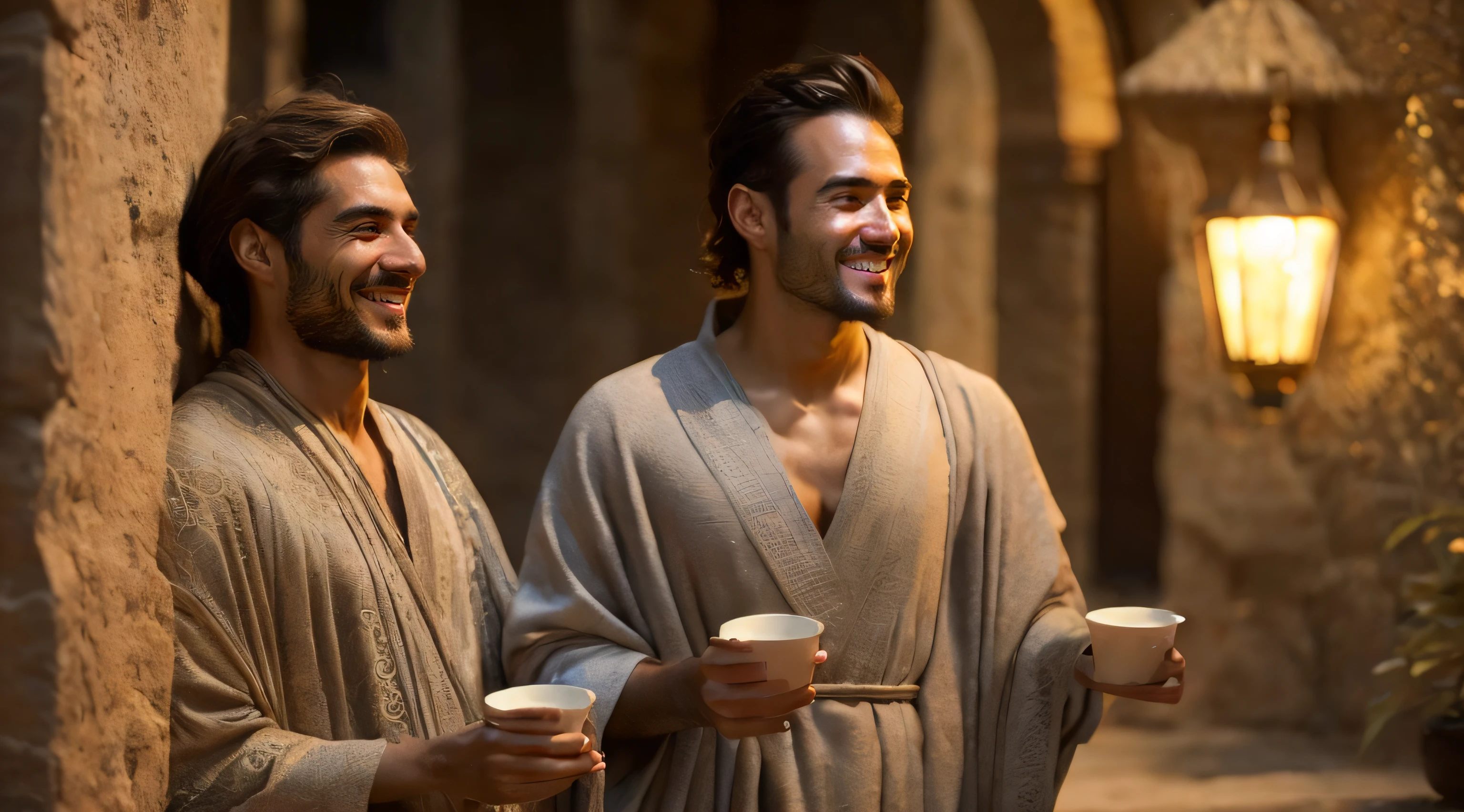 (((Ancient Israel)))、(((Biblical times)))、(((1st century)))、(((mid night)))、(((Servant men smiling and holding cups)))、8K、Raw photography、top-quality、​masterpiece:1.5、ultra-lightweighthigh-resolution、Photorealsitic:1.5、ciinematic light、soft volumetric lighting:1.5、realisitic、Photorealsitic:1、Detailed skin、profetional lighting、a picture、foco nítido、detaileds、profetional lighting、photon maping、detailed and intricate environment、ighly detailed、top-quality、Artistic photography、photorrealistic concept art、soft natural volumetric cinematic perfect light、Midjourney、Detailed hand、