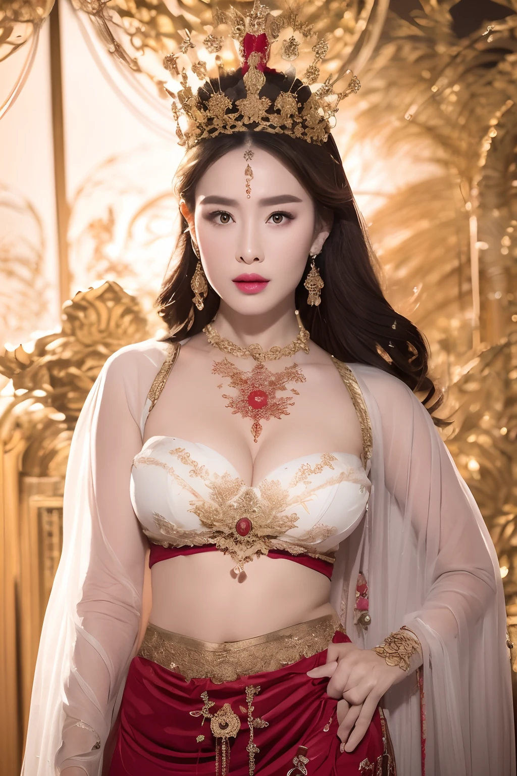 High quality 8K volume, (Photorealistic stick: 1.2), sharp focus, beautiful saint, 1girl, full body shot, beautiful face, detailed face, perfect proportions, (real skin, skin unevenness), portrait of saint, Big breasts, thin waist, navel, crotch gap, thighs, (natural smile: 1.3), (long curly hair), big crown, hair brooch, hump skirt, fanciful Chinese style, full body jewelry, forehead tattoo, Perfect makeup, delicate, (white teeth: 0.8), (plump and thick lips: 0.3) ), (brown eyes), detailed and delicate lighting effects, light and darkness, magical light, detailed light, true Color, Fantastic Space Background, Fantastic Space with Saints, Most Detailed Image, (Holy Goddess:0.6), Look at the Viewer, (Open Mouth:0.6), ((Funky Red Smoke Effect: 1.2)),