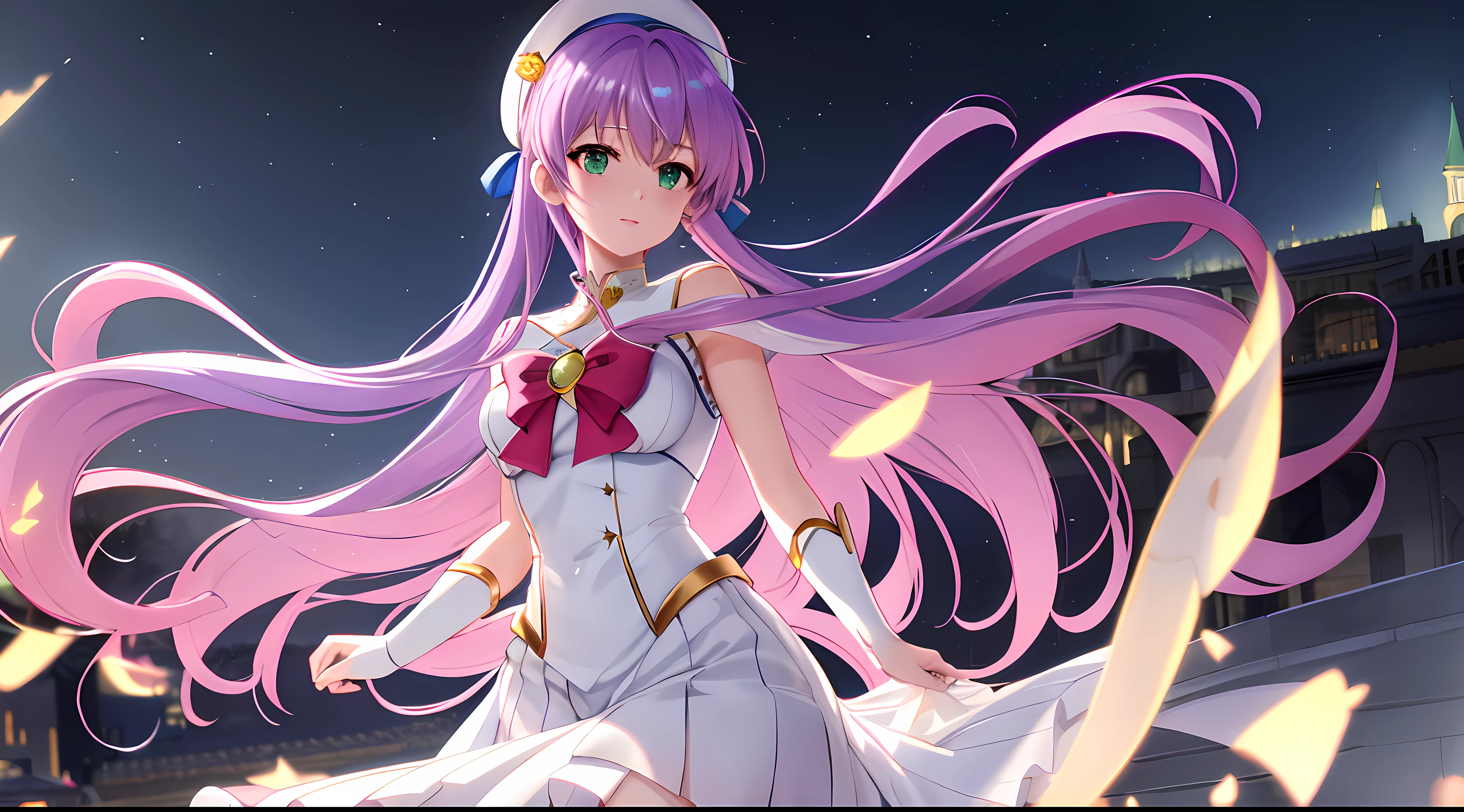 Athena with plain long light purple hair,hair between eyes,green eyes,rosy cheeks,full lips,thin eyebrows,slender body,wearing sailor moon uniform and full long skirt,cute anime girl,full body,castle rooftop,night sky nebulae in background,anime style,extremely deep depth of field,Lumen Reflections,Screen Space Reflections,Diffraction Grading,Chromatic Aberration,GB Displacement,Scan Lines,Ray Traced,Anti-Aliasing,FXAA,TXAA,RTX,SSAO,Shaders,OpenGL-Shaders, GLSL-Shaders,Post Processing,Post-Production,cell Shading,Tone Mapping,CGI,VFX,SFX,insanely detailed and intricate, 4K,standing, solo, masterpiece, best quality, detailed face, detailed eyes, highres, standing, solo,masterpiece, best quality