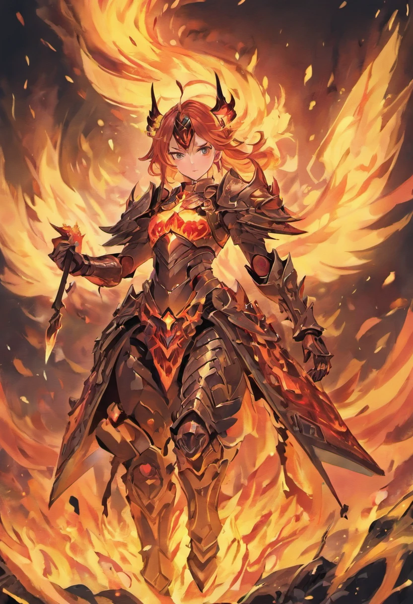(a girl riding a flaming horse) [flames, heavy armor, war horse, hell's ruler, flame-summoning armor, king of cinders, raging inferno and destruction, fiery reflections on armor, Dota 2 concept art]. The artwork depicts a close-up shot of a fierce and intimidating girl mounted on a war horse engulfed in roaring flames. The girl wears a set of heavy armor with intricate flame designs, emphasizing her connection to the blazing inferno. She exudes the aura of a ruler in the depths of hell, commanding both the flames and her trusted steed. The flames that surround her and the horse evoke a sense of chaos and destruction, captivating viewers with their intensity. The armor shines with fiery reflections, accentuating its menacing appearance. Inspired by Dota 2 concept art, this masterpiece of artwork combines elements of fantasy, action, and darkness, inviting viewers into a world of epic battles and supernatural forces.