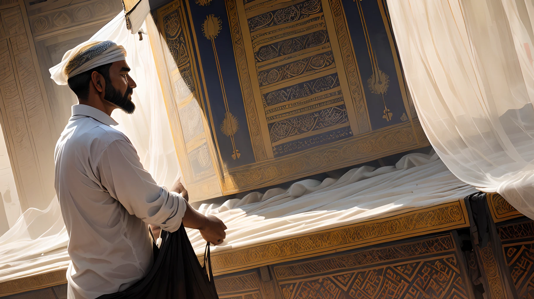 A man clings to the Kaaba's mosquito net