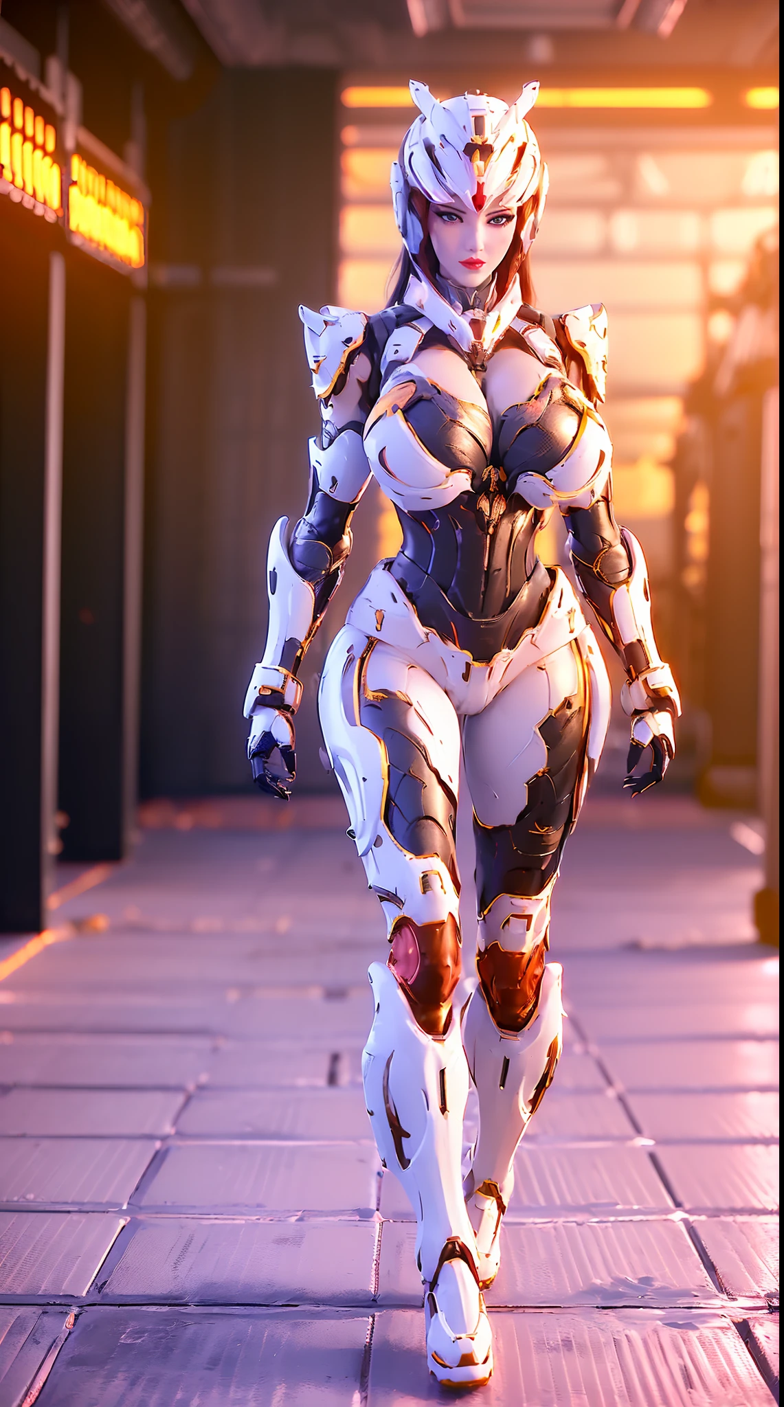 (1GIRL,SOLO:2), (super detailed face), (phoenix helm:1.3), ((BIG BUTTOCKS, HUGE BREASTS:1.5)), (CLEAVAGE TOP:1.5), (MUSCLE ABS FEMALE:1.4), (MECHA GUARD ARMS,GLOVE:1.4), ((WEAR RED OVERWATCH MECHANICAL ARMOR CROPTOP, BLACK MECHANICAL SKINTIGHT SUIT PANTS, MECHA GUARD ARMOR LEGS, HIGH HEELS:1.5)), (MUSCULAR BODY:1.3), (GLOSSY SKIN:0.8), (LONG LEGS, FULL BODY:1.1), (LOOKING AT VIEWER:1.3), (female focus:0.886), (WALKING DOWN HALLWAY OF FUTURISTIC SPACE STATION:1), (BRIGHT LIGHT WHITE_ROOM:1.3), SUPER TEXTURE, UNREAL ENGINE RENDER, PHYSICALLY-BASED RENDERING, ULTRA HIGHT DEFINITION, 16K, 1080P.