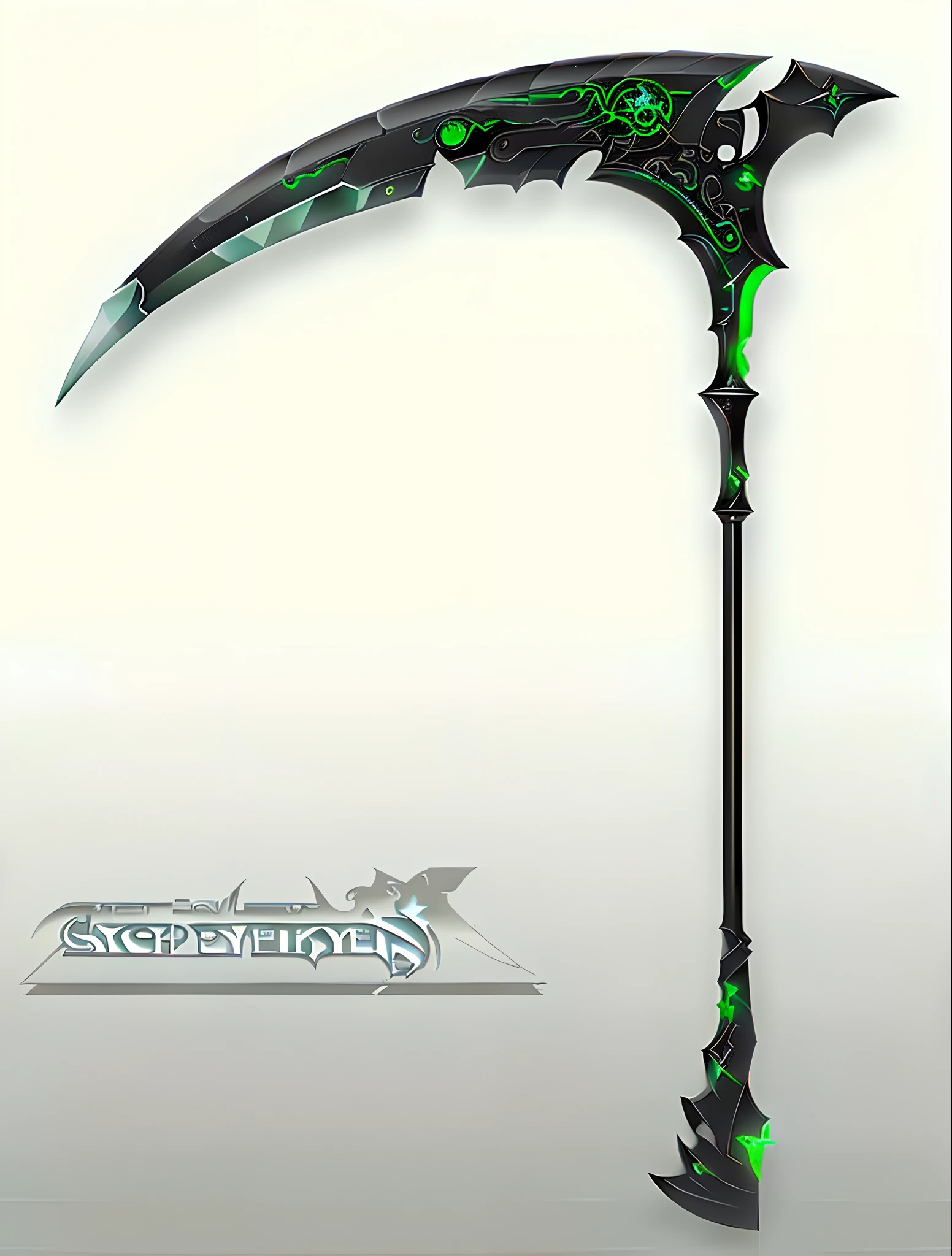 a close up of a scythe with a green light on it, scythe design, huge scythe, fantasy scythe, scythe, long detailed ornate scythe, wielding scythe, holding a scythe, epic fantasy weapon art, the grim reapper, sickle, fantasy rpg weapon art, golden art nouveau scythe blade, weapon design, scepter 8K full,HD Sci fi,3D moment,Video Cwolety