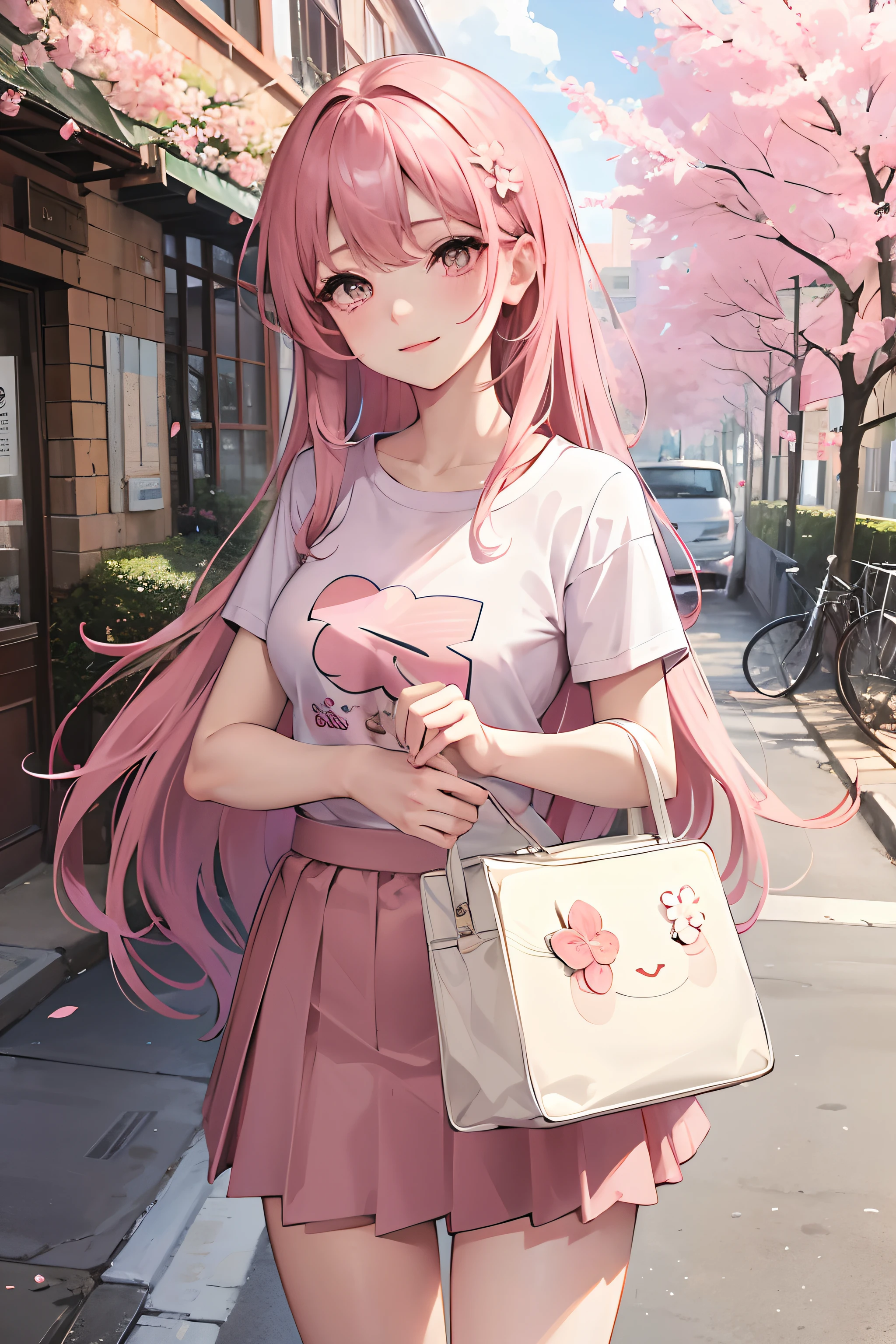NSFW , stnding , pink long hair ,pink skirt , tshirt , smile ,upskirt , cherry blossom , street background --auto