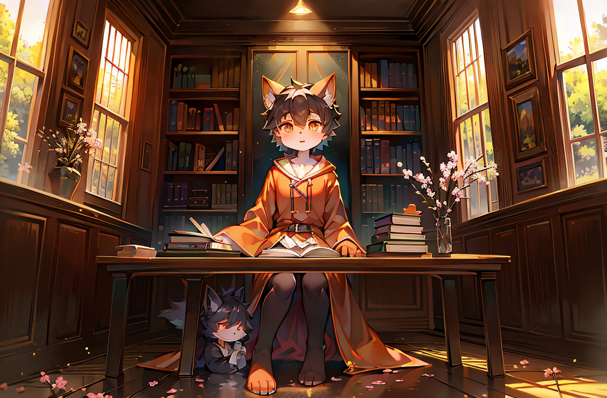 A wolf,orange robe,rays of sunshine,sitting before a table,Peach blossom tree,book,Bright surroundings,Black hair,Orange pupils,Shota,adolable,Ambiguous gender