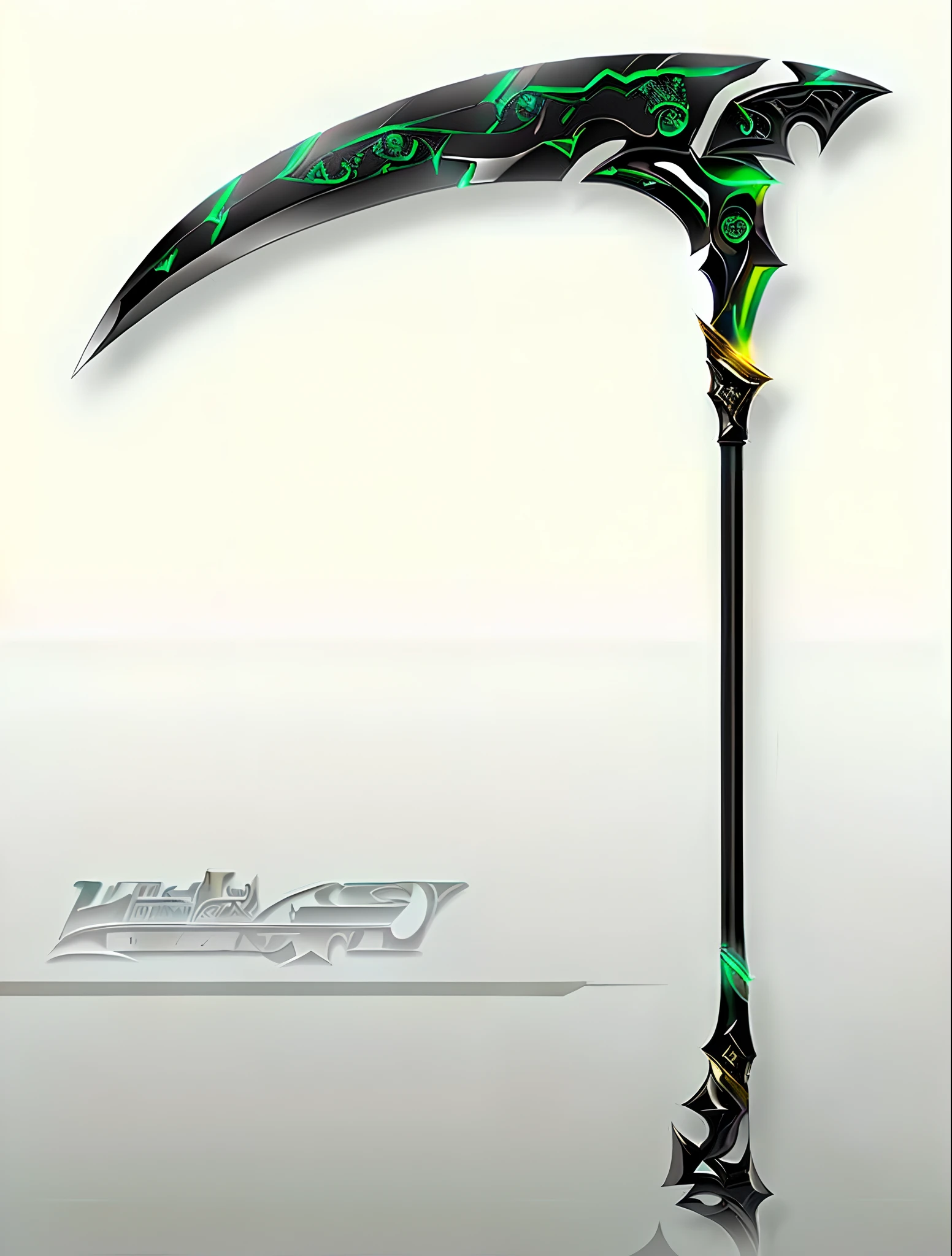 a close up of a scythe with a green light on it, scythe design, huge scythe, fantasy scythe, scythe, long detailed ornate scythe, wielding scythe, holding a scythe, epic fantasy weapon art, the grim reapper, sickle, fantasy rpg weapon art, golden art nouveau scythe blade, weapon design, scepter 8K full,HD Sci fi,3D moment,Video Cwolety