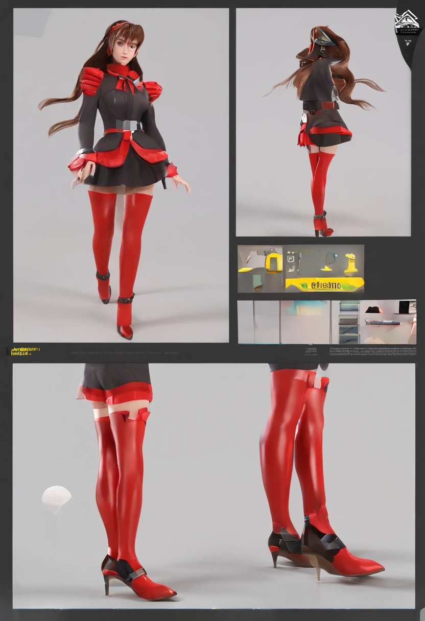 master part, best quality,, Maruzensky (Umamusume),, coxas vermelhas, jaqueta vermelha, saia plissada, saia vermelha, mangas compridas, Gargantilha, camisa vermelha, jaqueta aberta, white bow, roupas abertas, botas de salto alto, Road asphalt, Executando, trilhas oculares, night sky, neon light, de cima,,