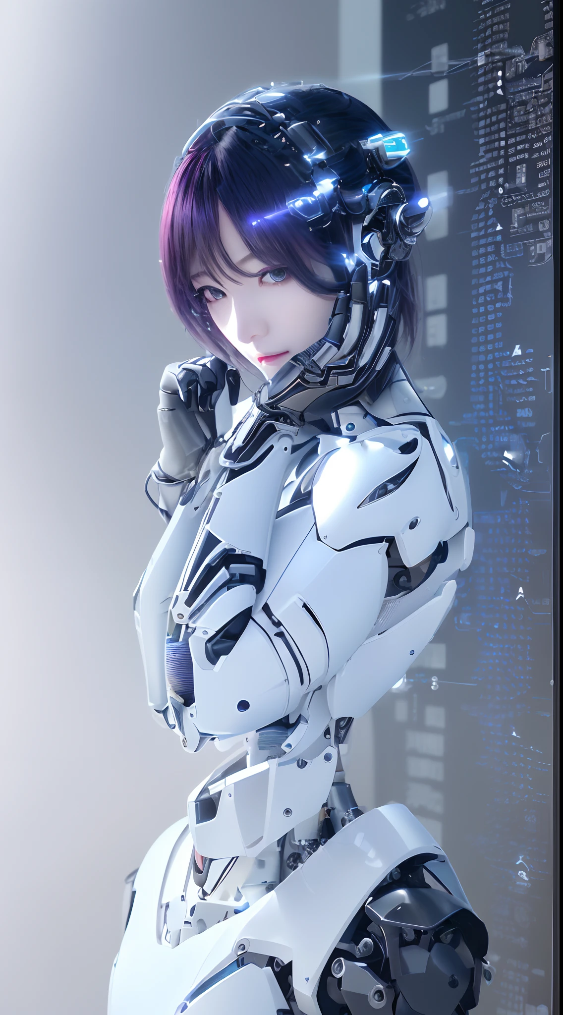 ((masutepiece)), ((top-quality), high quarity、ultra-definition, (Realistic、photoRealstic), ((well proportioned face))、fulcolor 、(scientific fiction)、(独奏)、Beautiful robot woman、Activating a Combat Robot、(Perfect robot joint:1.3)、(Detailed electronic board:1.3)、(Machine frame:1.3)、White porcelain mechanical armor、(Oval curvaceous face)、(machine components:1.3)、(Almond-shaped eyes without emotion)、thin mouth、deadpan、(Perfect mechanical two-handed:1.3)、((Cyber City Road during the day))、Perfect robot legs、high-heels、Sit with your back to the wall