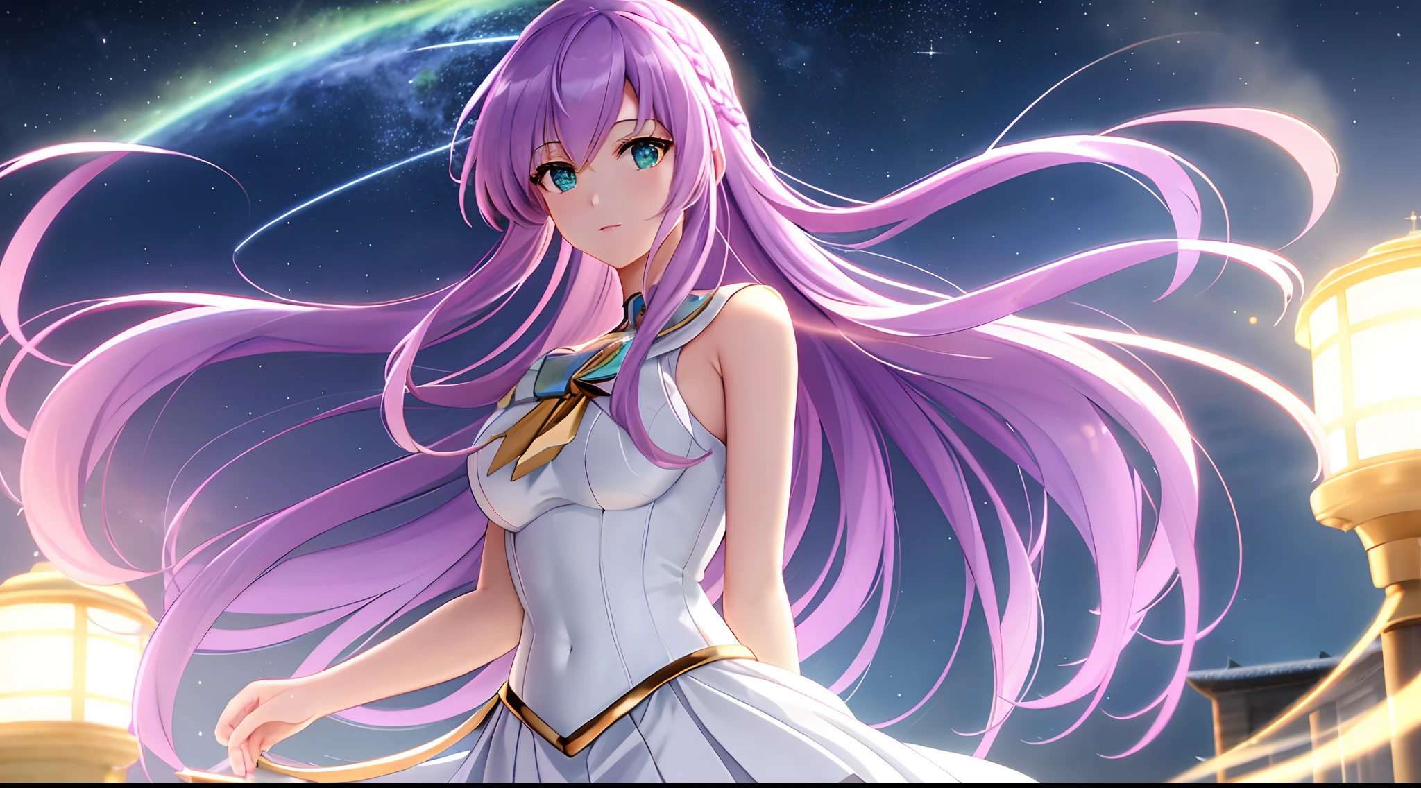 Athena with plain long light purple hair,hair between eyes,green eyes,rosy cheeks,full lips,thin eyebrows,slender body,wearing golden sailor moon uniform and full long skirt,cute anime girl,full body,castle rooftop,night sky nebulae in background,anime style,extremely deep depth of field,Lumen Reflections,Screen Space Reflections,Diffraction Grading,Chromatic Aberration,GB Displacement,Scan Lines,Ray Traced,Anti-Aliasing,FXAA,TXAA,RTX,SSAO,Shaders,OpenGL-Shaders, GLSL-Shaders,Post Processing,Post-Production,cell Shading,Tone Mapping,CGI,VFX,SFX,insanely detailed and intricate, 4K,standing, solo, masterpiece, best quality, detailed face, detailed eyes, highres, standing, solo,masterpiece, best quality