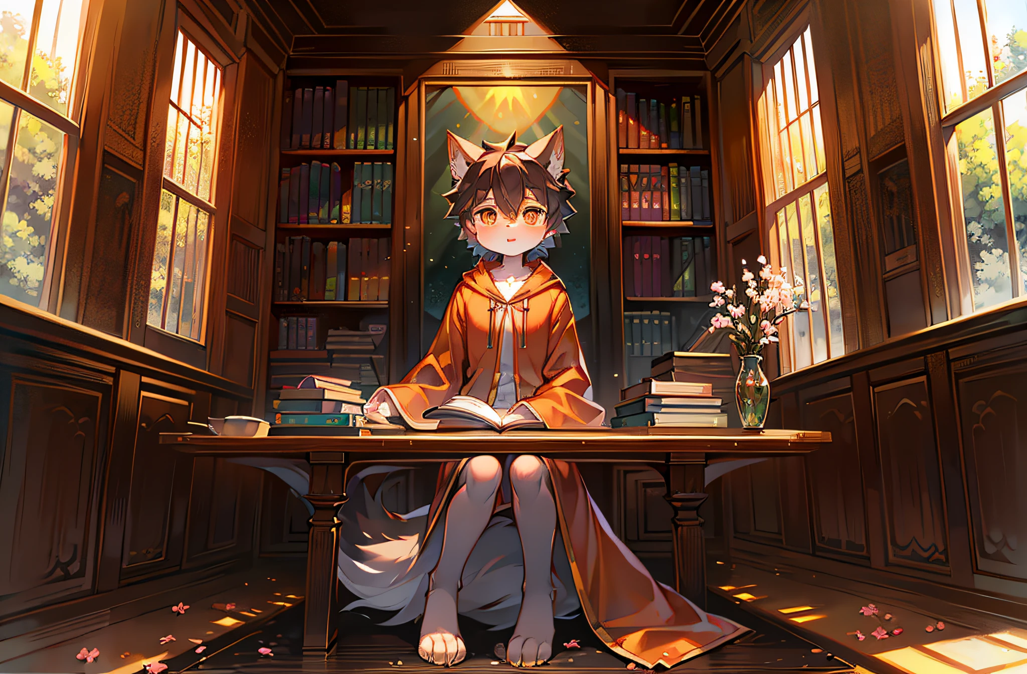 A wolf，orange robe，rays of sunshine，sitting before a table，Peach blossom tree，book，Bright surroundings，Black hair，Orange pupils，Shota，adolable，Ambiguous gender