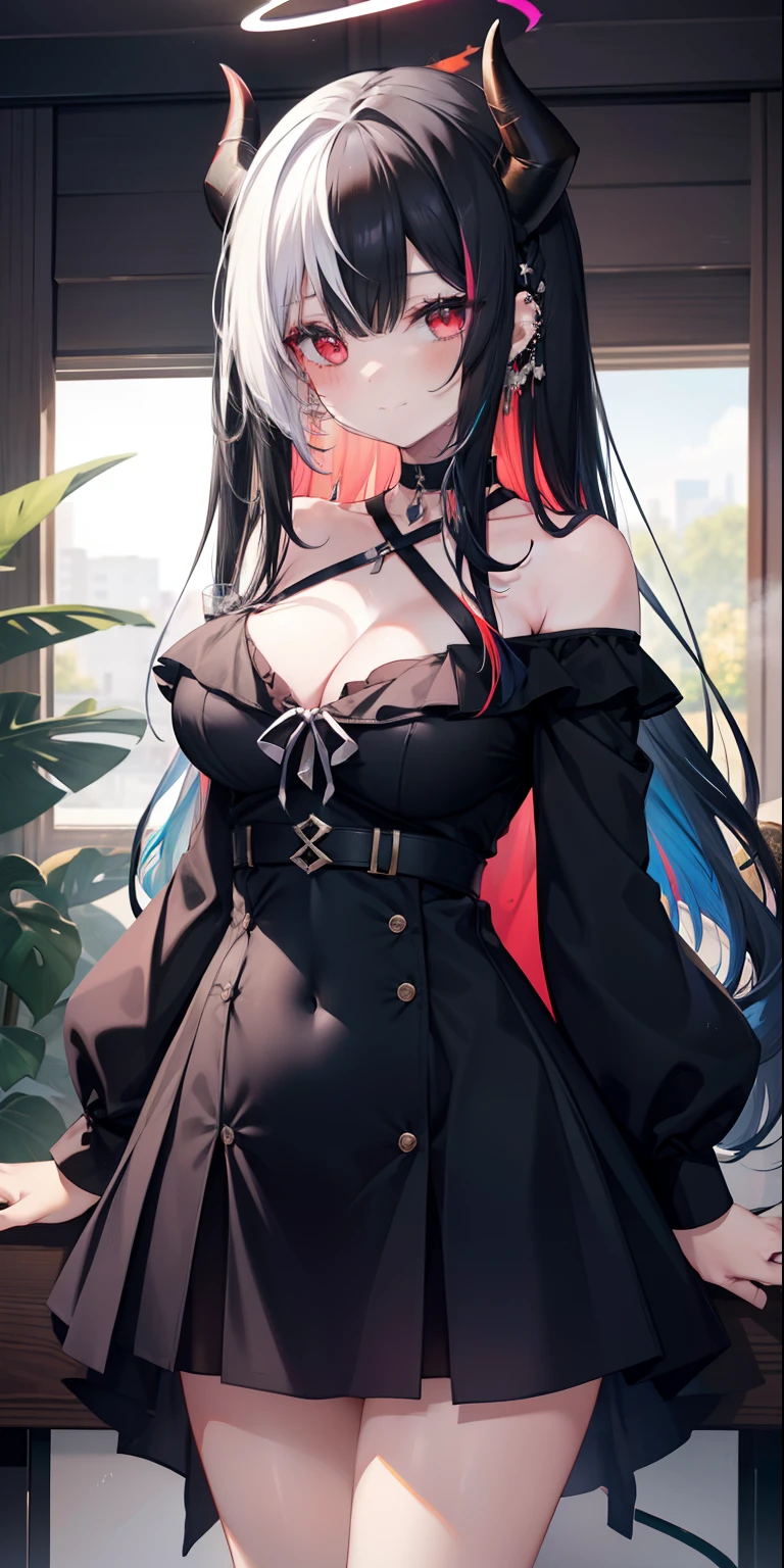 Human, 1girl, bangs, bare legs, black hair, black panties, breasts, choker, cleavage, closed mouth, demon horns, ear piercing, flower, halo, horns, indoors, kayoko \(blue file\), long hair, long sleeves, looking at viewer, multicolored hair, navel, piercing, red eyes, standing, smiling, alone, two-tone hair, ((outfit: cabo dress black)), vase, wariza, white hair, white shirt , to win