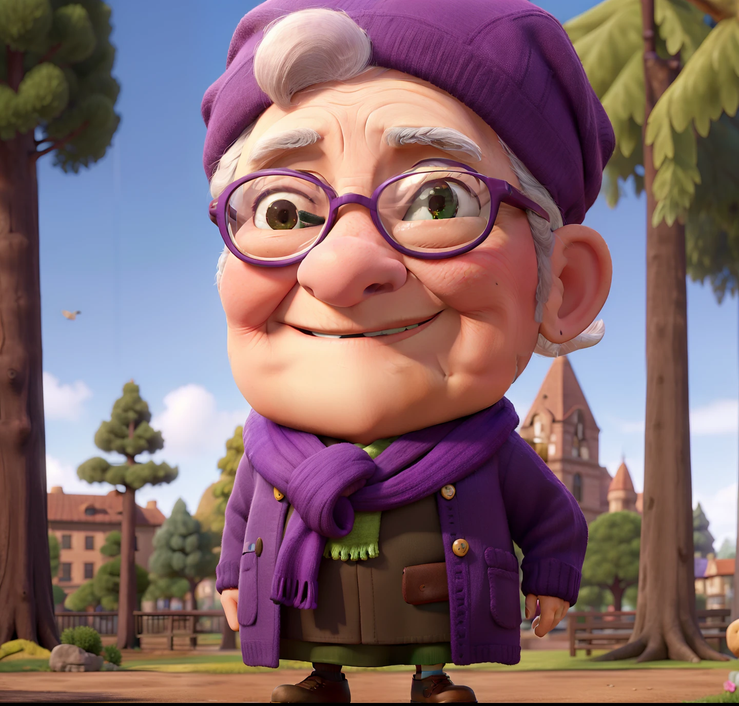 masterpiece, best quality, an old woman with glasses and a scarf on, wearing a purple coat and green scarf, standing at the park