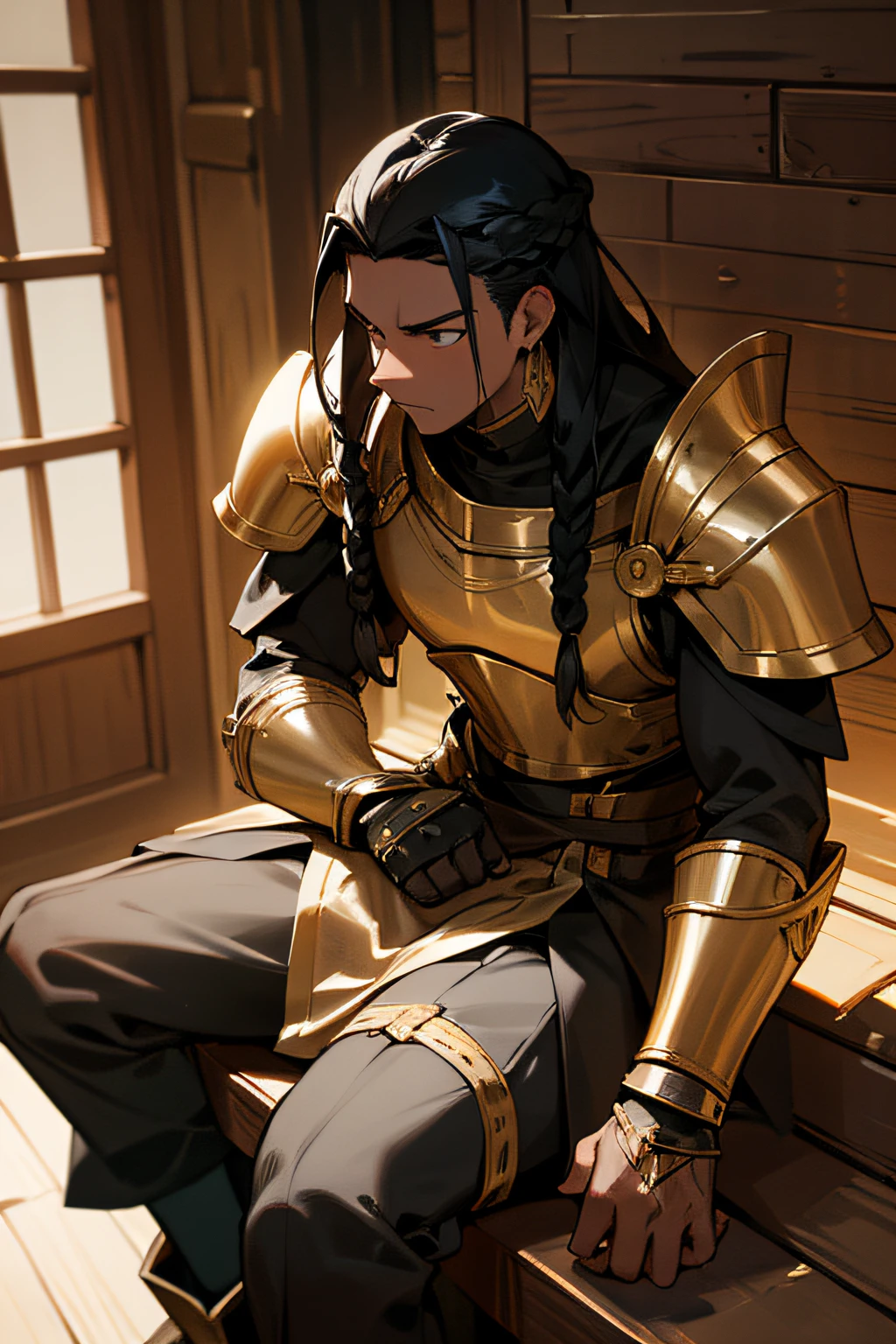 black man, brown skin, long braided black hair, golden armor with black details, sitting irritated on a wooden bench, in a tavern.