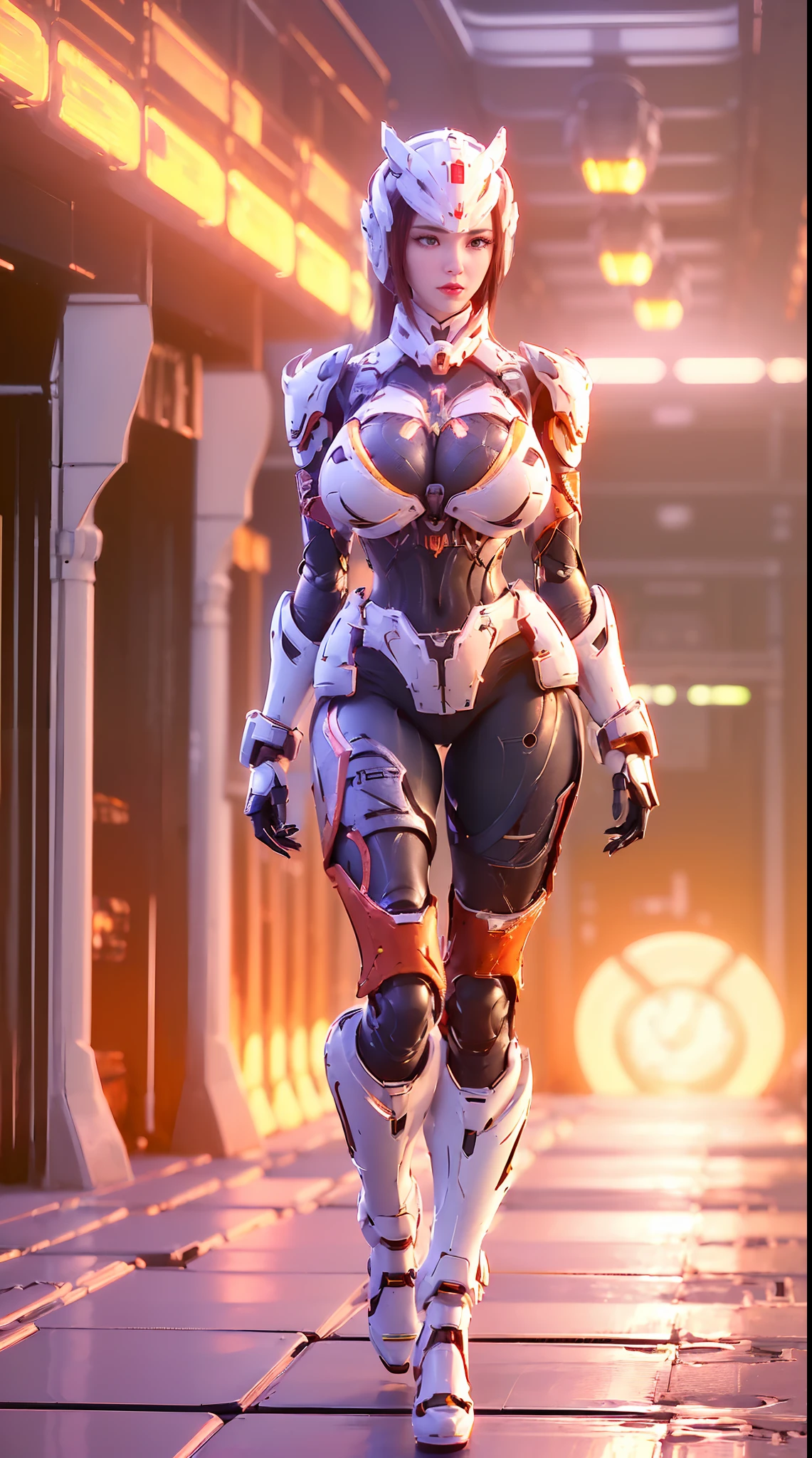 (1GIRL,SOLO:2), (super detailed face), (phoenix helm:1.3), ((BIG BUTTOCKS, HUGE BREASTS:1.5)), (CLEAVAGE TOP:1.5), (MUSCLE ABS FEMALE:1.4), (MECHA GUARD ARMS,GLOVE:1.4), ((WEAR RED OVERWATCH MECHANICAL ARMOR CROPTOP, BLACK MECHANICAL SKINTIGHT SUIT PANTS, MECHA GUARD ARMOR LEGS, HIGH HEELS:1.5)), (MUSCULAR BODY:1.3), (GLOSSY SKIN:0.8), (LONG LEGS, FULL BODY:1.1), (LOOKING AT VIEWER:1.3), (female focus:0.886), (WALKING DOWN HALLWAY OF FUTURISTIC SPACE STATION:1), (BRIGHT LIGHT WHITE_ROOM:1.3), SUPER TEXTURE, UNREAL ENGINE RENDER, PHYSICALLY-BASED RENDERING, ULTRA HIGHT DEFINITION, 16K, 1080P.