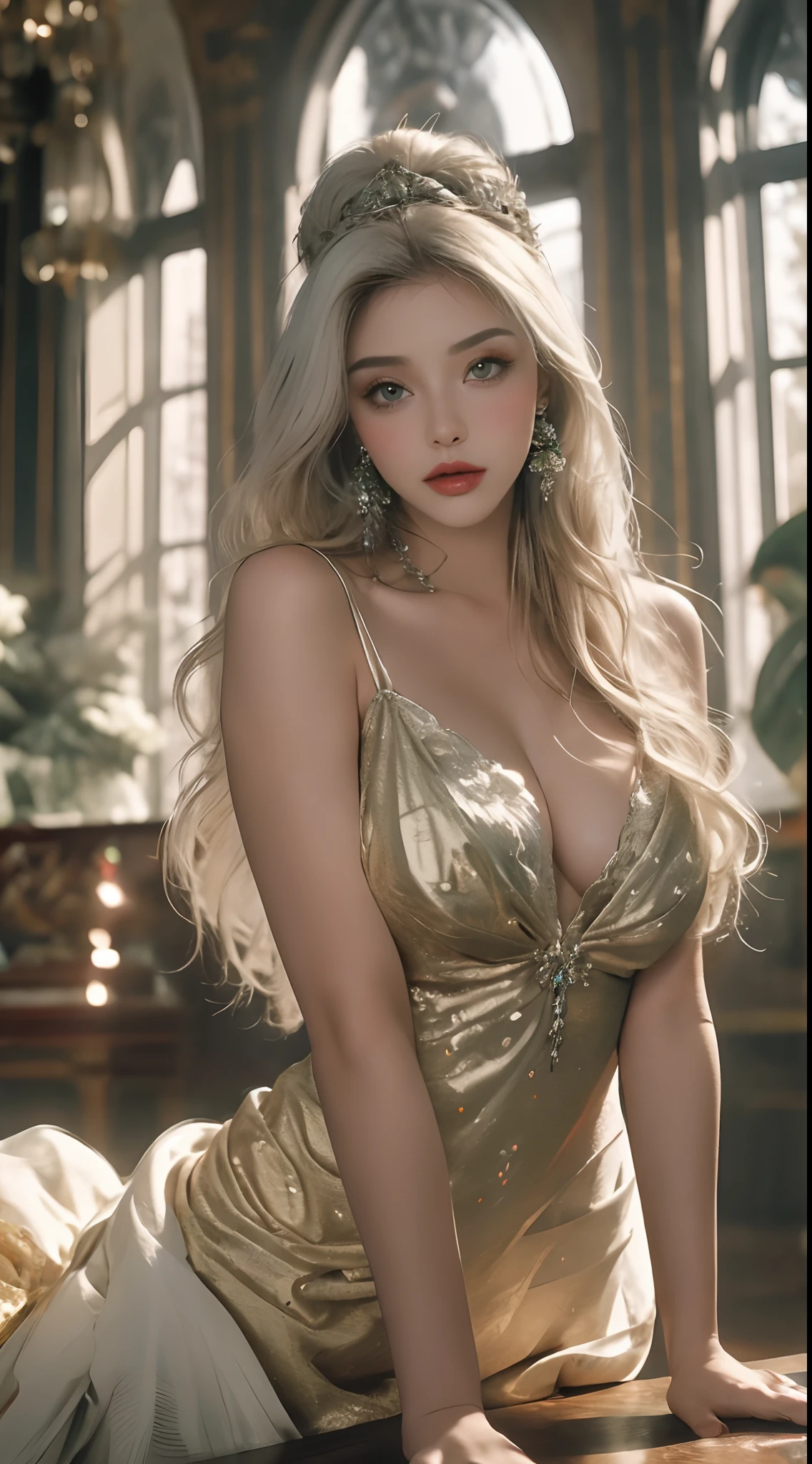 A beautiful Slavic princess, fantasy beauty features, seductive look,white hair, glowing green eyes, wearing jewels,red lips,covered in floral Glowing gradient crystal filigree, , Sitting majestic covered in jewels and crystals ,big breasts,big boobs, curvy and beautiful body, wearing a bold and majestic dress,hyperdetailed,bold and majestic look