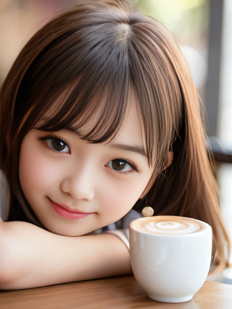 1girl in, Black hair, (:1.3),
Girl sitting at a table opposite a café, There is a latte on the table., Cafe Latte, She looks at me and smiles, (Whole body:1.3),
(8K, Raw photo, Best Quality, masutepiece:1.2), high-definition RAW color photography, professional photograpy,(Realistic, photographrealistic:1.2), ((Best Quality)), Bokeh, F/2.8, 35 mm,
japanaese girl, Detailed beautiful face, Detailed face, (smile shy:1.2),seducting smile, Beautiful, extremely pretty, cute like a doll, Lori, female idol, round big eyes, small nostrils,
