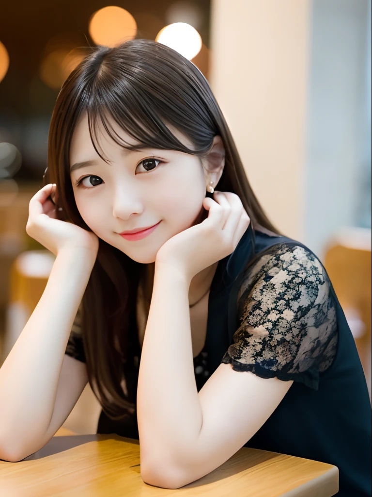 1girl in, Black hair, (:1.3),
Girl sitting at a table opposite a café, There is a latte on the table., Cafe Latte, She looks at me and smiles, (Whole body:1.3),
(8K, Raw photo, Best Quality, masutepiece:1.2), high-definition RAW color photography, professional photograpy,(Realistic, photographrealistic:1.2), ((Best Quality)), Bokeh, F/2.8, 35 mm,
japanaese girl, Detailed beautiful face, Detailed face, (smile shy:1.2),seducting smile, Beautiful, extremely pretty, cute like a doll, Lori, female idol, round big eyes, small nostrils,