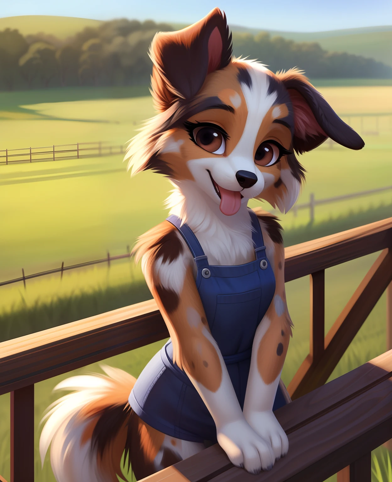 (by Qupostuv35:1.0), (author：Sirok:0.8), Female, (Detailed face), [(Thin:1.1) : little petite : (Australian Shepherd):4], (Detailed face), (More details, Detailed background:1.1), Thick lashes, Tail, Tease with your tongue, (Field:1.2), On the ranch, leaning against the railing,, view the viewer,