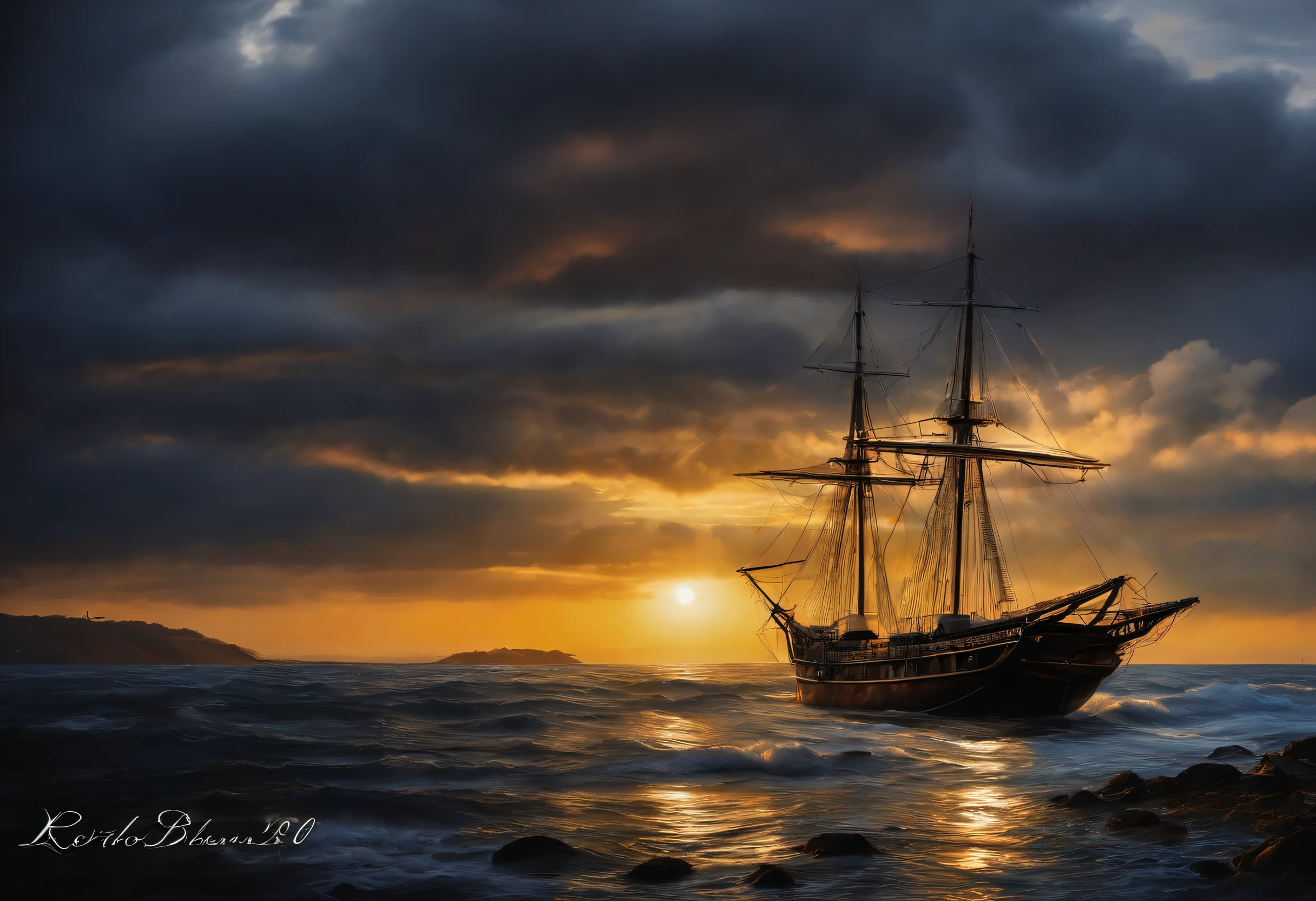 imagem real((oil paints ))pintura de paisagem, acrylic painting, Pinceladas, With unparalleled realism, ultrawide, Ominous skies, Veleiros, barcos de madeira, lotuses, ondas enormes, Noite estrelada,《Credo dos Assassinos》Ambiente, voluminetric lighting, clareira, Realistic,Tiago Gurney, art stations,((Oil Painting Paint), 16:9 aspect ratio, Jesus bo barco, ondas gigantes, mar agitado, hiper detalhado, hiper realista