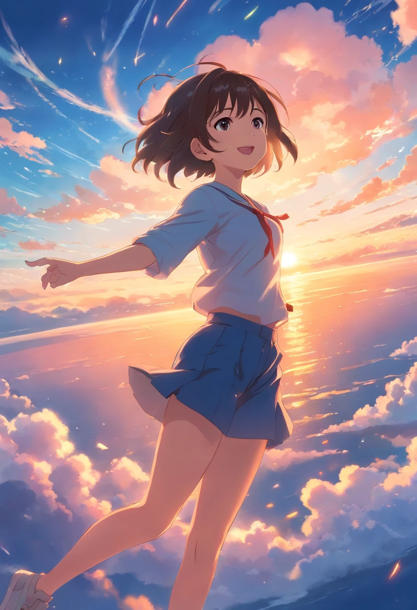 masterpiece, best quality, movie still, 1girl, cloud girl, floating in the sky, close-up, bright, happy, warm soft lighting, sunset, (sparks:0.7)