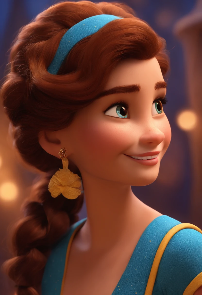Pixar style image with 3D character medium brown eyes, mulher ruiva, gordinha cabelo cacheado curto na altura dos ombros, dividido lateral, brincos de argola passeando a beira mar, com shotzu branquinha vestido estampado amarelo Maquiagem Disney, Pescador, bonitinho, sorridente, Close-up, Pixar, Disney, Cinema lighting,