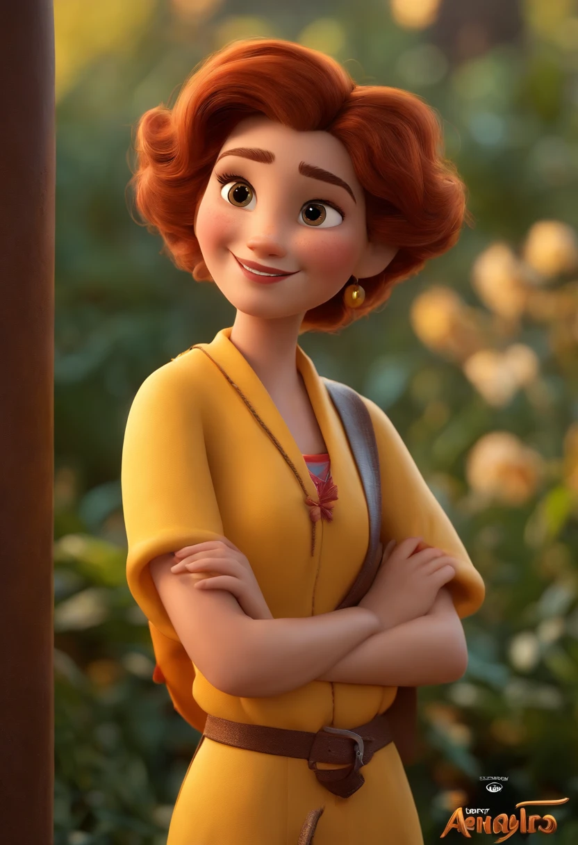 Pixar style image with 3D character medium brown eyes, mulher ruiva, gordinha cabelo cacheado curto na altura dos ombros, dividido lateral, brincos de argola passeando a beira mar, com shotzu branquinha vestido estampado amarelo Maquiagem Disney, Pescador, bonitinho, sorridente, Close-up, Pixar, Disney, Cinema lighting,