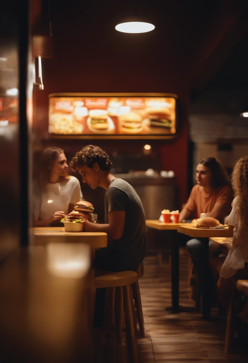 Casal de jovens marroquinos sentados em um fast food tipo new age ambiente iluminado e iluminado