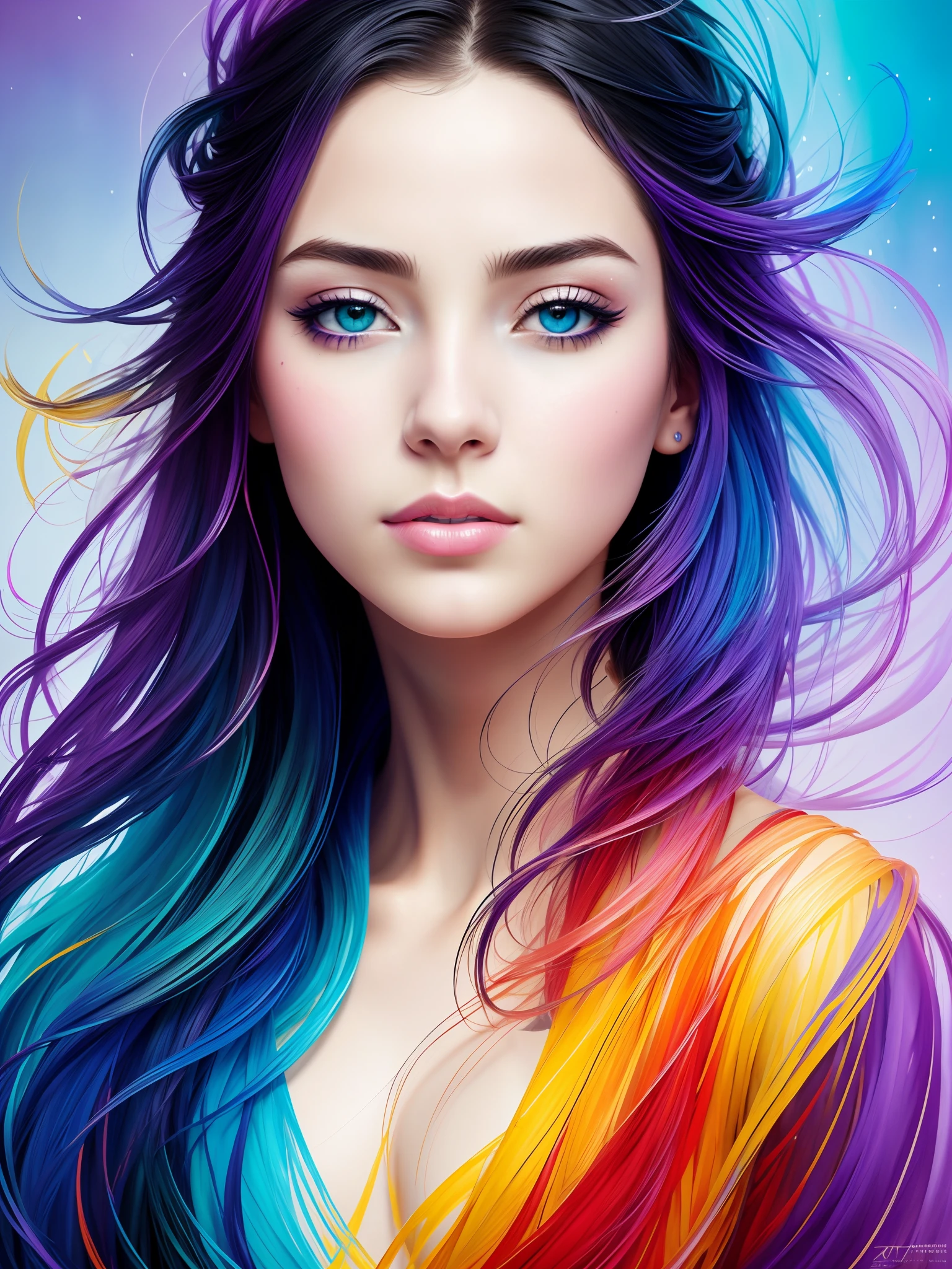 Colorful beautiful girl: a giru 28-years old, messy hair, oil painting, nice perfect face with soft skinice perfect face, blue yellow colors, light purple and violet additions, light red additions, intricate detail, splash screen, 8k resolution, masterpiece, cute face,artstation digital painting smooth veryBlack ink flow: 8k resolution photorealistic masterpiece: intricately detailed fluid gouache painting: by Jean Baptiste Mongue: calligraphy: acrylic: watercolor art, professional photography, natural lighting, volumetric lighting maximalist photoillustration: by marton bobzert:, complex, elegant, expansive, fantastical, wavy hair, vibrant, Best quality details, realistic, High definition, High quality texture, epic lighting, Cinematic film still, 8k, soft lighting, anime style, masterful playing card border, random Colorful art, oil painting, blue yellow colors, light purple and violet additions, light red additions, intricate detail, splash screen, 8k resolution, masterpiece, artstation digital painting smooth veryBlack ink flow: 8k resolution photorealistic masterpiece: intricately detailed fluid gouache painting: by Jean Baptiste Mongue: calligraphy: acrylic: watercolor art, professional photography, natural lighting, volumetric lighting maximalist photoillustration: by marton bobzert:, complex, elegant, expansive, fantastical, vibrant