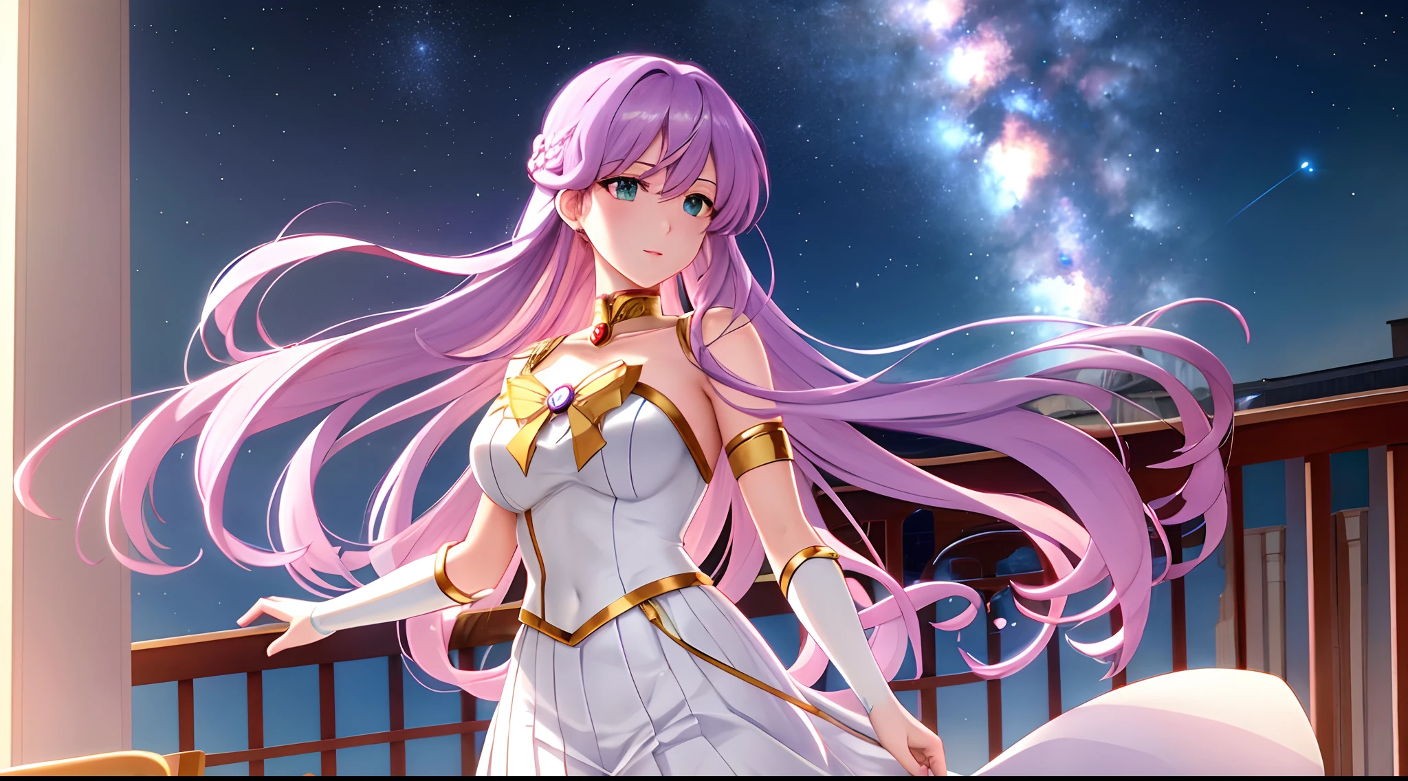 Athena with plain long light purple hair,hair between eyes,green eyes,rosy cheeks,full lips,thin eyebrows,slender body,wearing golden sailor moon uniform and full long skirt,cute anime girl,full body,balcony veranda,,night sky nebulae in background,anime style,extremely deep depth of field,Lumen Reflections,Screen Space Reflections,Diffraction Grading,Chromatic Aberration,GB Displacement,Scan Lines,Ray Traced,Anti-Aliasing,FXAA,TXAA,RTX,SSAO,Shaders,OpenGL-Shaders, GLSL-Shaders,Post Processing,Post-Production,cell Shading,Tone Mapping,CGI,VFX,SFX,insanely detailed and intricate, 4K,standing, solo, masterpiece, best quality, detailed face, detailed eyes, highres, standing, solo,masterpiece, best quality