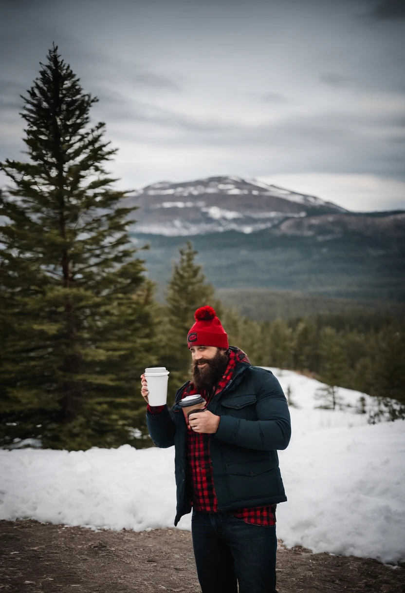 Um homem extremamente com barba cheia, usando um tuque, Buffalo plaid flannel, jeans e algumas botas Timberland marrons, while he holds a cup of red Tim Hortons coffee, holding his hand out saying applause to the camera, na natureza das montanhas nevadas, Fundo desfocado, Alce no fundo, veado, Ursos, profundidade de campo rasa, Cinematic light, luz suave, retroiluminado, micro-detalhes, fotorrealismo, fotorrealista, cinemactic, 85mm 1.4