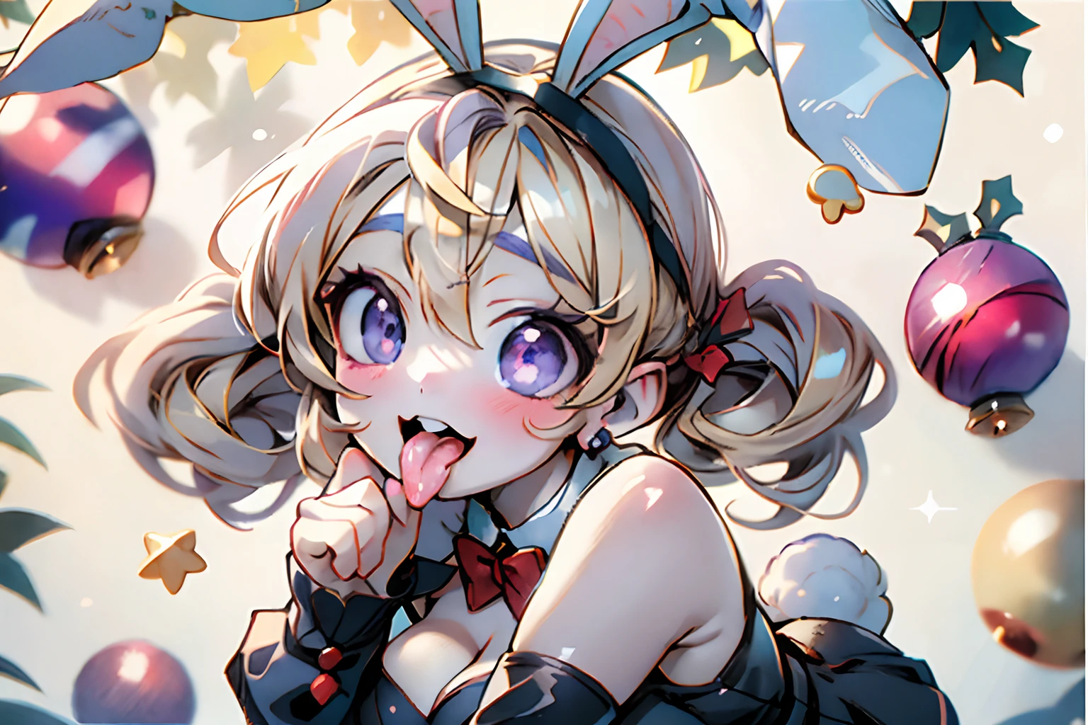 best qualtiy、tchibi、1girl in、on stomach、Santa Claus Girl、santa claus、From Side, full body Esbian、A smile、tongue、Stick out the tongue、Open your mouth wide and look into your mouth、kawaii eyes、round and large eyes、a purple eye、teak、lip、(((Rabbit ears)))、((a blond))、Santa Clothes、Colossal tits、cleavage of the breast、micromini skirt、dynamicposes、Watercolor style、Christmas tree and foundation、