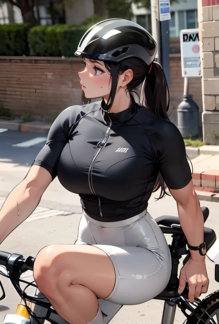 Close-up of a woman riding a bicycle on a city street, wearing tight shirt, see through, Wearing a gray bicycle helmet, picture of a female biker, intriguing outfit, tight costume, wearing tight simple clothes, Sporty, sport bra and shirt, Very sweaty, see - through, nike cycling suit, Tight shirt, sie boob, Bra and shorts streetwear, huge tit, Crazy swollen breasts, Fitness model, perspire, Ruddy cheeks, Soaked all over,