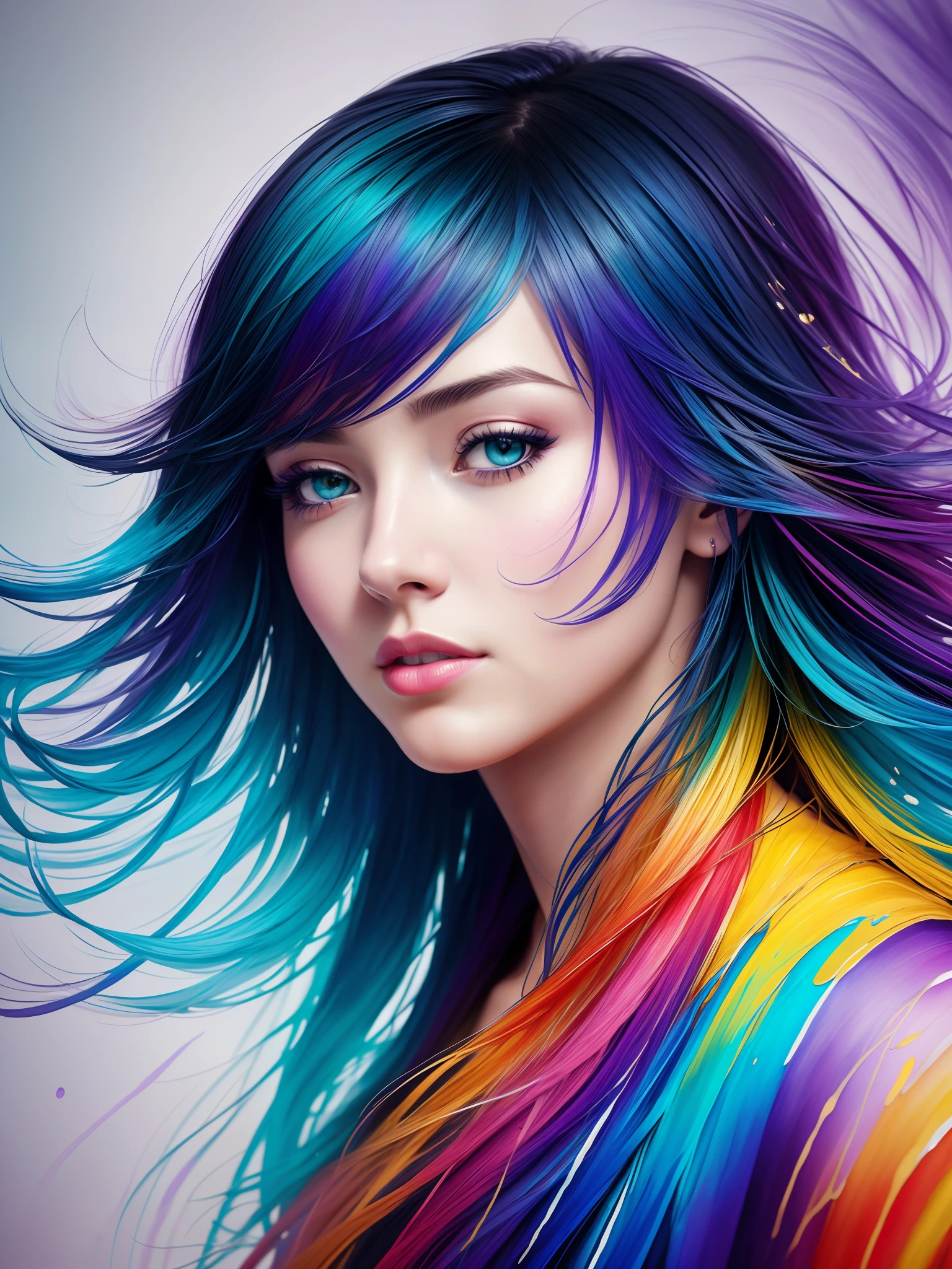Colorful beautiful girl: a giru 28-years old, messy hair, oil painting, nice perfect face with soft skinice perfect face, blue yellow colors, light purple and violet additions, light red additions, intricate detail, splash screen, 8k resolution, masterpiece, cute face,artstation digital painting smooth veryBlack ink flow: 8k resolution photorealistic masterpiece: intricately detailed fluid gouache painting: by Jean Baptiste Mongue: calligraphy: acrylic: watercolor art, professional photography, natural lighting, volumetric lighting maximalist photoillustration: by marton bobzert:, complex, elegant, expansive, fantastical, wavy hair, vibrant, Best quality details, realistic, High definition, High quality texture, epic lighting, Cinematic film still, 8k, soft lighting, anime style, masterful playing card border, random Colorful art, oil painting, blue yellow colors, light purple and violet additions, light red additions, intricate detail, splash screen, 8k resolution, masterpiece, artstation digital painting smooth veryBlack ink flow: 8k resolution photorealistic masterpiece: intricately detailed fluid gouache painting: by Jean Baptiste Mongue: calligraphy: acrylic: watercolor art, professional photography, natural lighting, volumetric lighting maximalist photoillustration: by marton bobzert:, complex, elegant, expansive, fantastical, vibrant