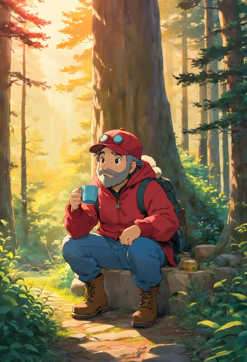 Um homem extremamente com barba cheia, usando um tuque, Buffalo plaid flannel, jeans e algumas botas Timberland marrons, while he holds a cup of red Tim Hortons coffee, holding his hand out saying applause to the camera, na natureza das montanhas nevadas, Fundo desfocado, Alce no fundo, veado, Ursos, profundidade de campo rasa, Cinematic light, luz suave, retroiluminado, micro-detalhes, fotorrealismo, fotorrealista, cinemactic, 85mm 1.4