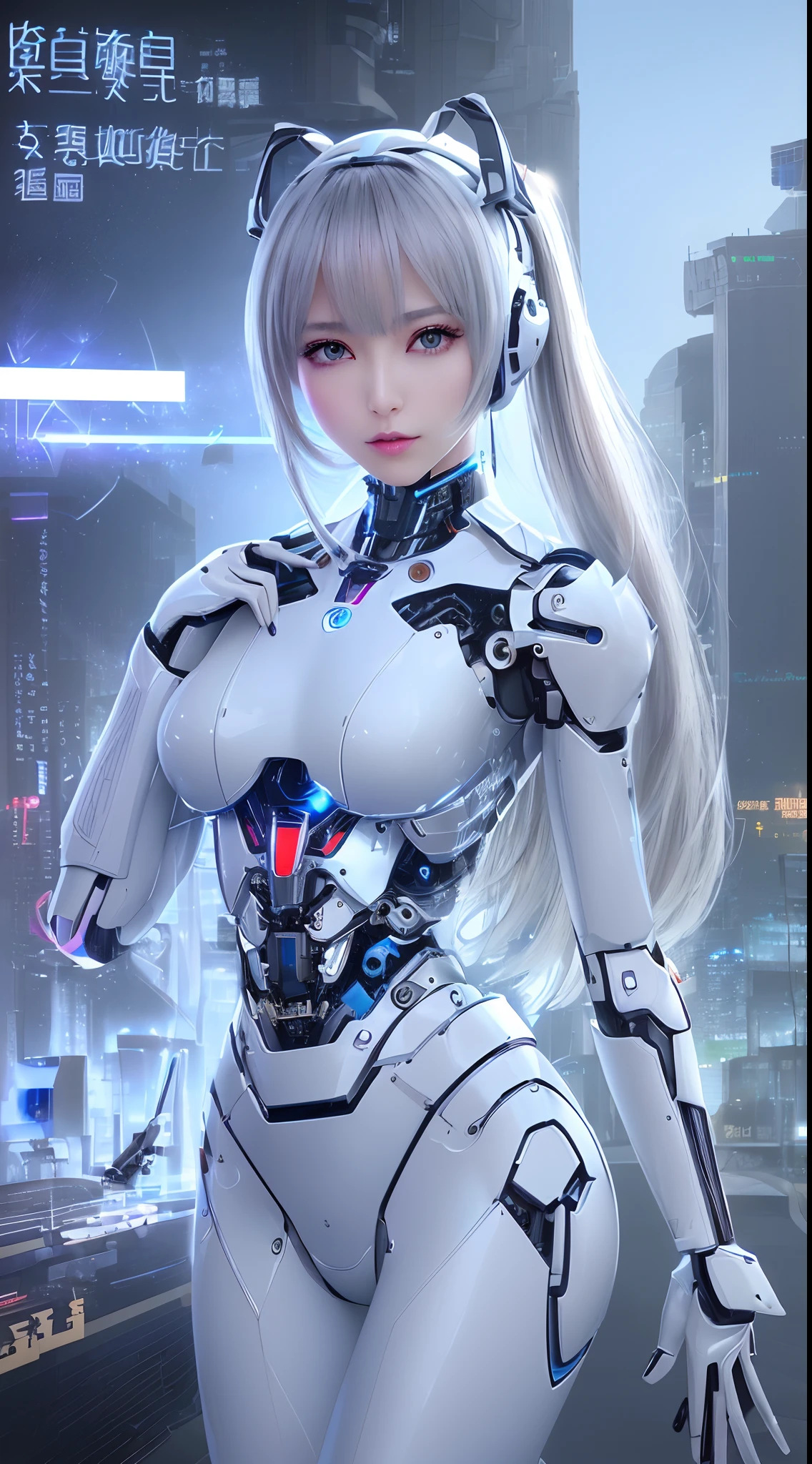 ((masutepiece)), ((top-quality), high quarity、ultra-definition, (Realistic、photoRealstic), ((well proportioned face))、fulcolor 、(scientific fiction)、(独奏)、Beautiful robot woman、Shutting down combat robots、(Perfect robot joint:1.3)、(Detailed electronic board:1.3)、(Machine frame:1.3)、White porcelain mechanical armor、(Oval curvaceous face)、(machine components:1.3)、(Almond-shaped eyes without emotion)、thin mouth、deadpan、(Perfect mechanical two-handed:1.3)、((Cyber City Road during the day))、Perfect robot legs、high-heels