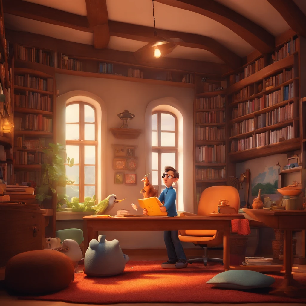 fundo branco, pixar desenhos animados 3D, homem lendo um livro, ::estilo pixar cartoon