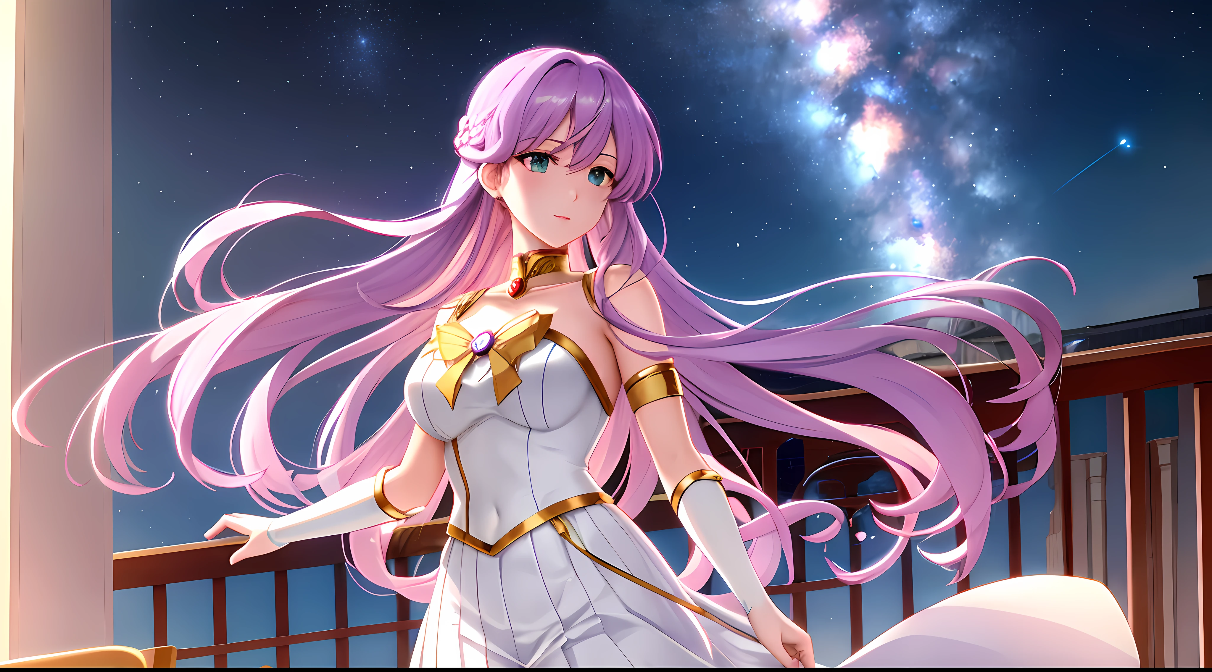 Athena with plain long light purple hair,hair between eyes,green eyes,rosy cheeks,full lips,thin eyebrows,slender body,wearing golden sailor moon uniform and full long skirt,cute anime girl,full body,balcony veranda,,night sky nebulae in background,anime style,extremely deep depth of field,Lumen Reflections,Screen Space Reflections,Diffraction Grading,Chromatic Aberration,GB Displacement,Scan Lines,Ray Traced,Anti-Aliasing,FXAA,TXAA,RTX,SSAO,Shaders,OpenGL-Shaders, GLSL-Shaders,Post Processing,Post-Production,cell Shading,Tone Mapping,CGI,VFX,SFX,insanely detailed and intricate, 4K,standing, solo, masterpiece, best quality, detailed face, detailed eyes, highres, standing, solo,masterpiece, best quality