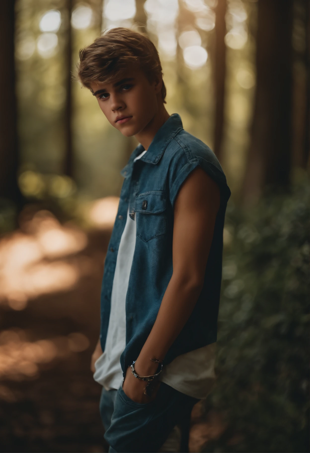 /Adolescente estilo Justin Bieber, de costas, estampado Rapozzo na camisa.