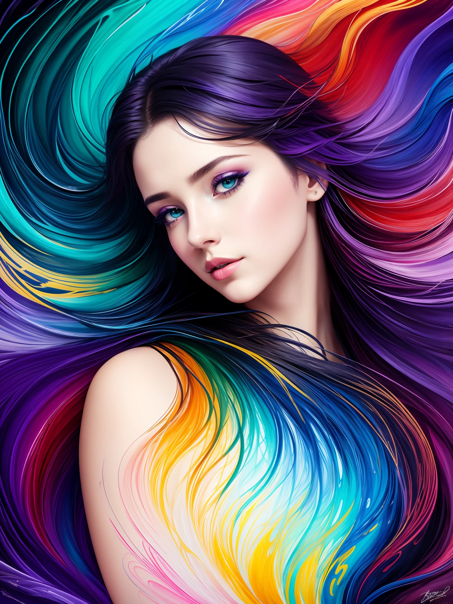 Colorful beautiful girl: a giru 28-years old, messy hair, oil painting, nice perfect face with soft skinice perfect face, blue yellow colors, light purple and violet additions, light red additions, intricate detail, splash screen, 8k resolution, masterpiece, cute face,artstation digital painting smooth veryBlack ink flow: 8k resolution photorealistic masterpiece: intricately detailed fluid gouache painting: by Jean Baptiste Mongue: calligraphy: acrylic: watercolor art, professional photography, natural lighting, volumetric lighting maximalist photoillustration: by marton bobzert:, complex, elegant, expansive, fantastical, wavy hair, vibrant, Best quality details, realistic, High definition, High quality texture, epic lighting, Cinematic film still, 8k, soft lighting, anime style, masterful playing card border, random Colorful art, oil painting, blue yellow colors, light purple and violet additions, light red additions, intricate detail, splash screen, 8k resolution, masterpiece, artstation digital painting smooth veryBlack ink flow: 8k resolution photorealistic masterpiece: intricately detailed fluid gouache painting: by Jean Baptiste Mongue: calligraphy: acrylic: watercolor art, professional photography, natural lighting, volumetric lighting maximalist photoillustration: by marton bobzert:, complex, elegant, expansive, fantastical, vibrant