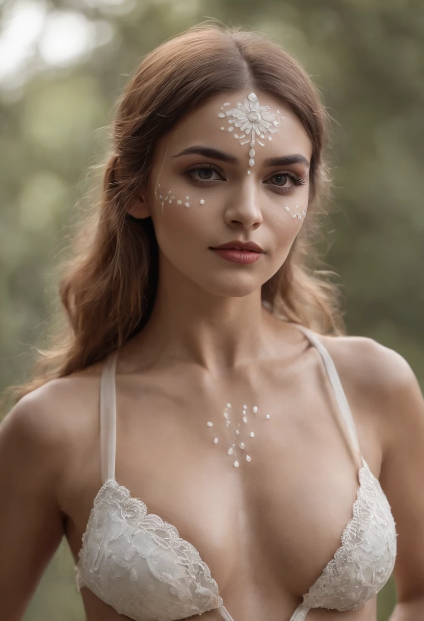 （completamente desnuda1:1）realista, 8k, Super hermosa chica 1 persona, Pelo largo blanco de cola de caballo rubia, , Tanga clara、　Hermoso pecho grande, erectile in sujetador, Flaccid udder ,Chino, Iris heterochromatic eyes,　Piel hermosa ultrarrealista, , Abdominales y muslos entrenados,　（Cytologically correct limbs）pinatada de body paint de catrina cuerpo completo