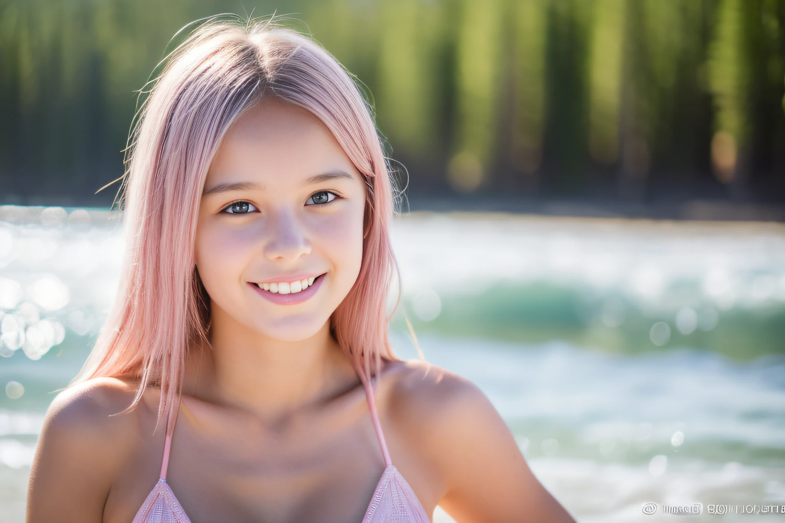 SeaArt Bot Txt2Img default ,1cute girl, portrait, bokeh, ( masterpiece), accurate, anatomically correct, f/1.8, 90mm, Fujifilm GFX 50R, raw photo, regina display, super detail, high details, high quality, best quality, highres, UHD, 1080p HD, 4K, 8K, (((ars old 1girl))), Realism, ((Face and body the full front)), (standing), ((small breasts)), (pink bikini), medium Hair, beautiful white skin, young features, beautiful pussy, soothing tones, high contrast, natural skin texture, smile, of Sweden, Northern Lights Sky,