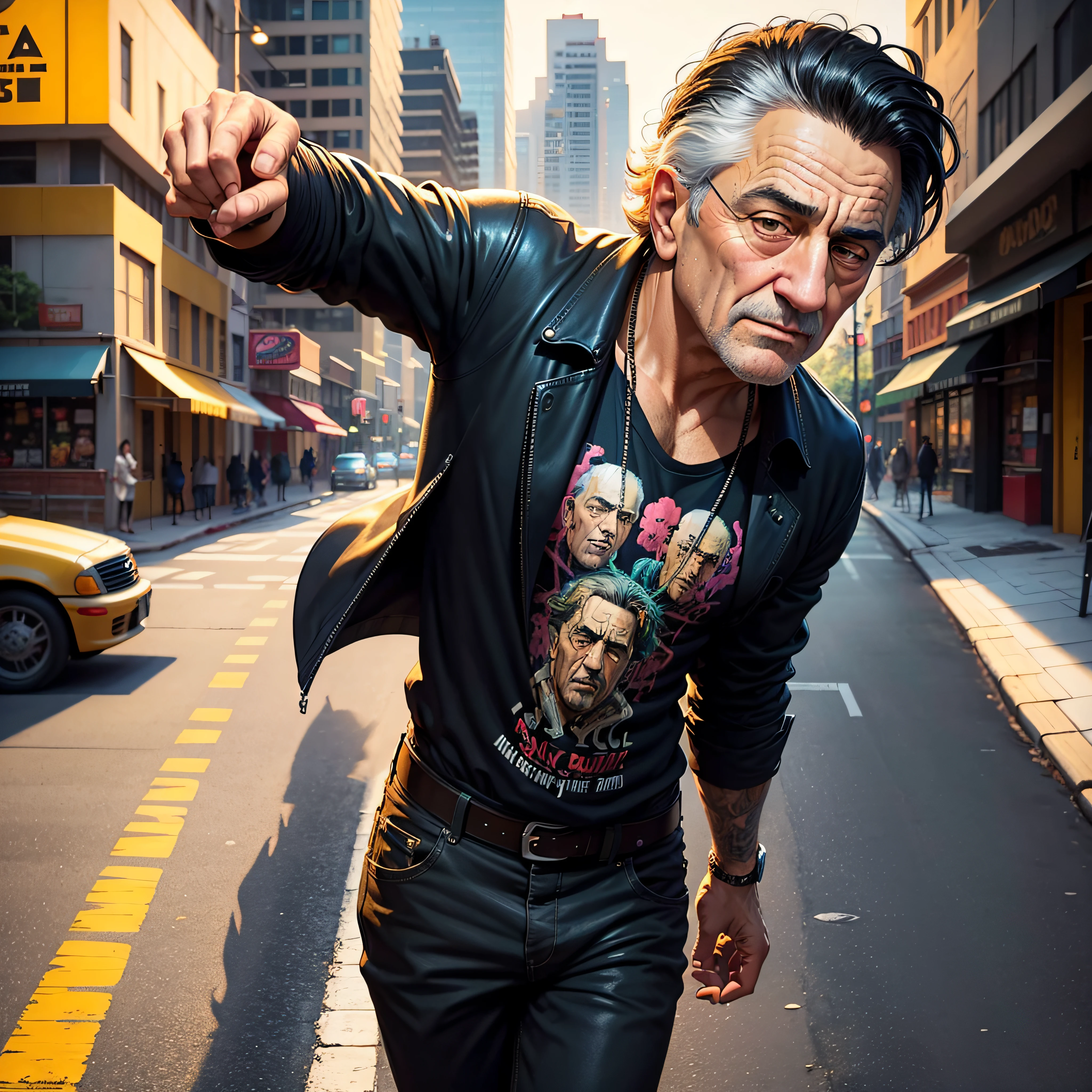 A painting of a man Robert De Niro ( with black hair), gangster pose and look, Miami City background, street, taxi cab, perfect Art, Art, Intricate Digital Painting, original Artwork, Illustration, and uzi, gangster, mafia, city backdrop, masterpiece Illustration, Beautiful 4K Art, Vibrant Digital Painting , Stunning digital illustration, Intricate masterpiece, A beautiful artwork illustration, Beautiful color art!
