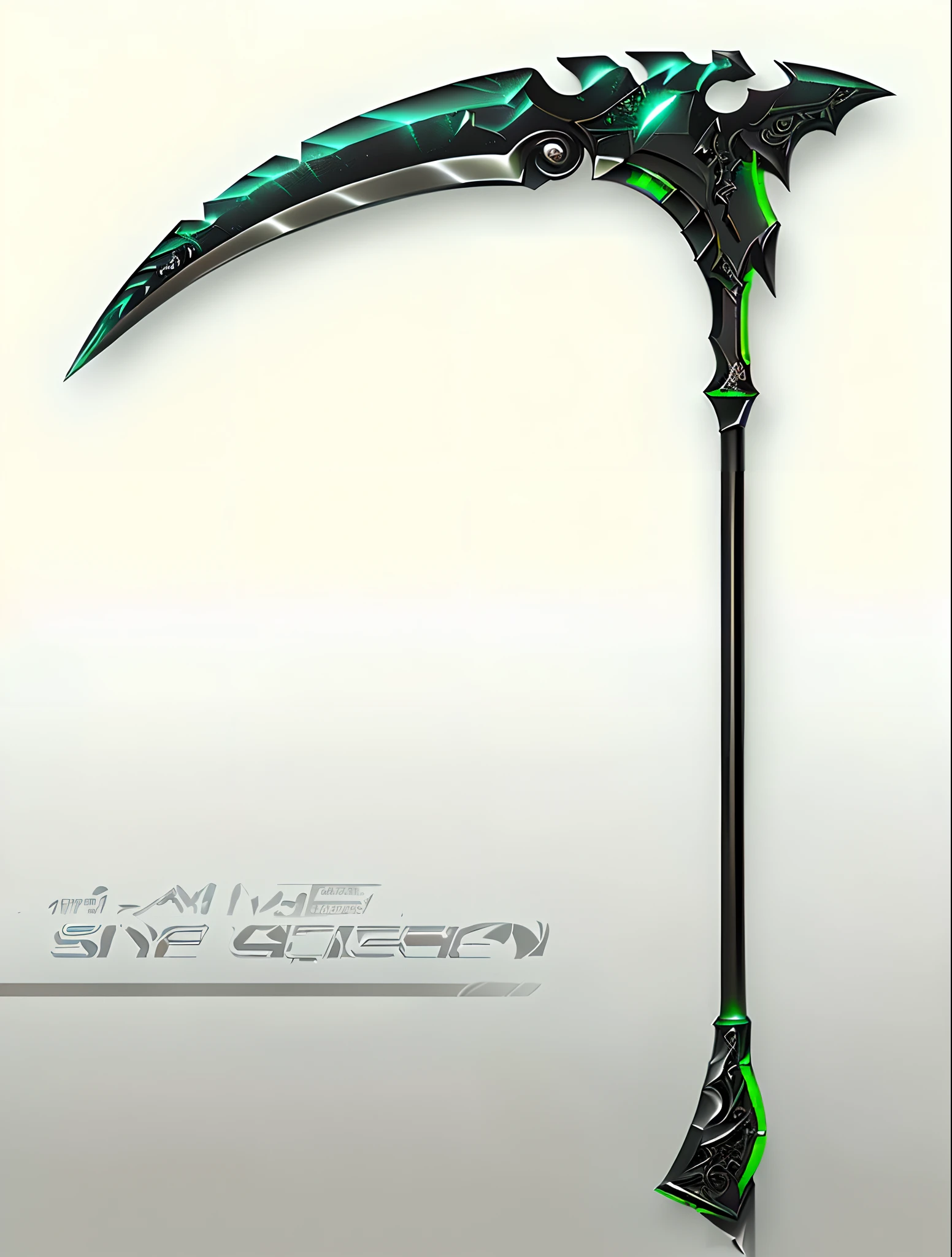 a close up of a scythe with a green light on it, scythe design, huge scythe, fantasy scythe, scythe, long detailed ornate scythe, wielding scythe, holding a scythe, epic fantasy weapon art, the grim reapper, sickle, fantasy rpg weapon art, golden art nouveau scythe blade, weapon design, scepter 8K full,HD Sci fi,3D moment,Video Cwolety