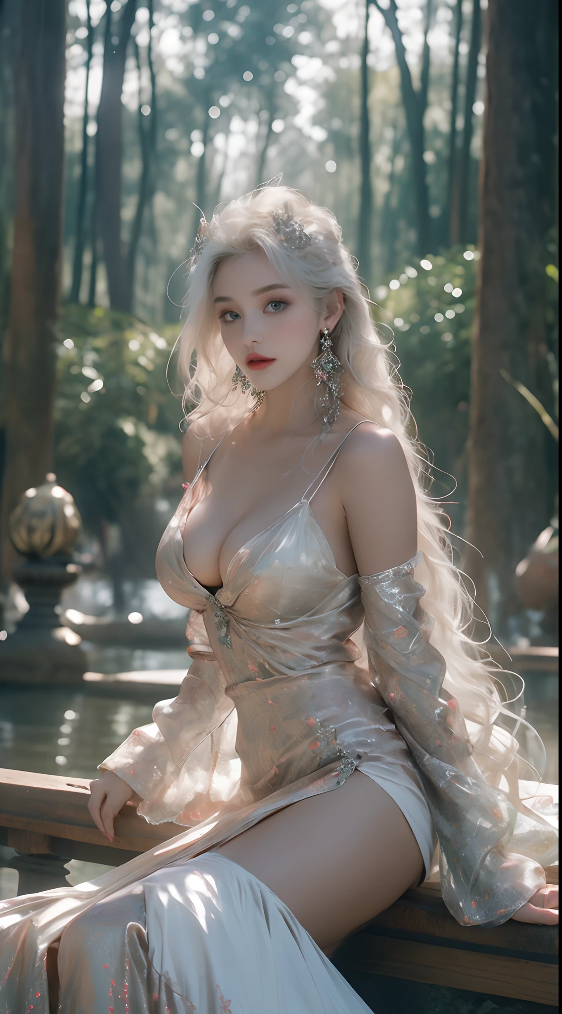 A beautiful Slavic princess, fantasy beauty features, seductive look,white hair, glowing green eyes, wearing jewels,red lips,covered in floral Glowing gradient crystal filigree, , Sitting majestic covered in jewels and crystals ,big breasts,big boobs, curvy and beautiful body, wearing a bold and majestic dress,hyperdetailed,bold and majestic look