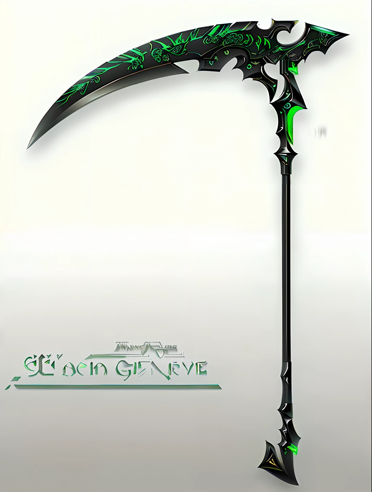 a close up of a scythe with a green light on it, scythe design, huge scythe, fantasy scythe, scythe, long detailed ornate scythe, wielding scythe, holding a scythe, epic fantasy weapon art, the grim reapper, sickle, fantasy rpg weapon art, golden art nouveau scythe blade, weapon design, scepter 8K full,HD Sci fi,3D moment,Video Cwolety