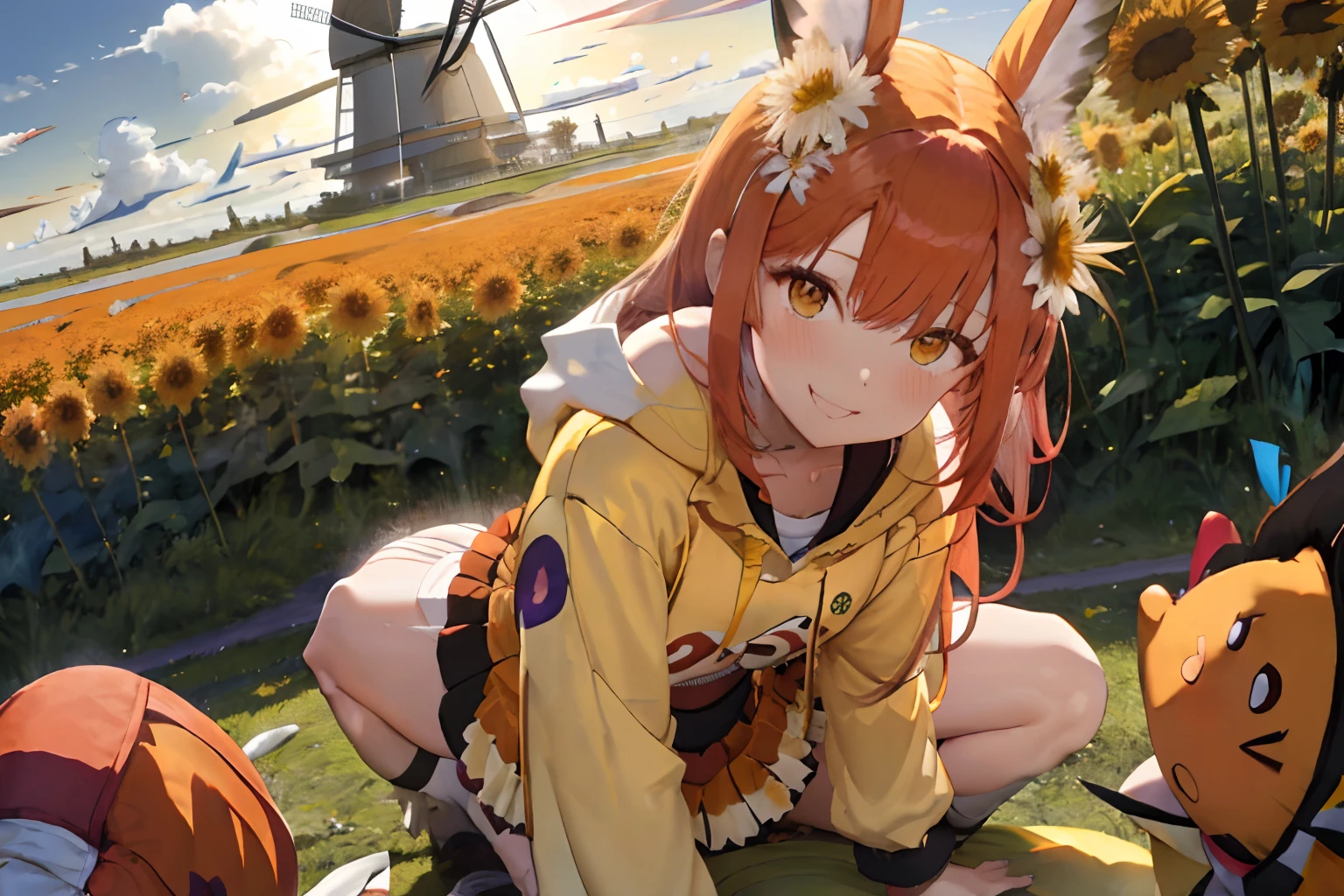 fluffy red hair,Bangs center parting,pale yellow-green eyes,Brown and white and yellow and orange and purple,Long-sleeved clothing with slightly longer sleeves,Larger hoodie,wearing skirt,Full of chrysanthemum flowers,You can see the windmill beyond the vast flower field,Leaning to the right,Smiling with a bouquet of chrysanthemums,full of sunlight,White clouds in blue sky,butterflys,a bird,a squirrel,bunny rabbit,red tide