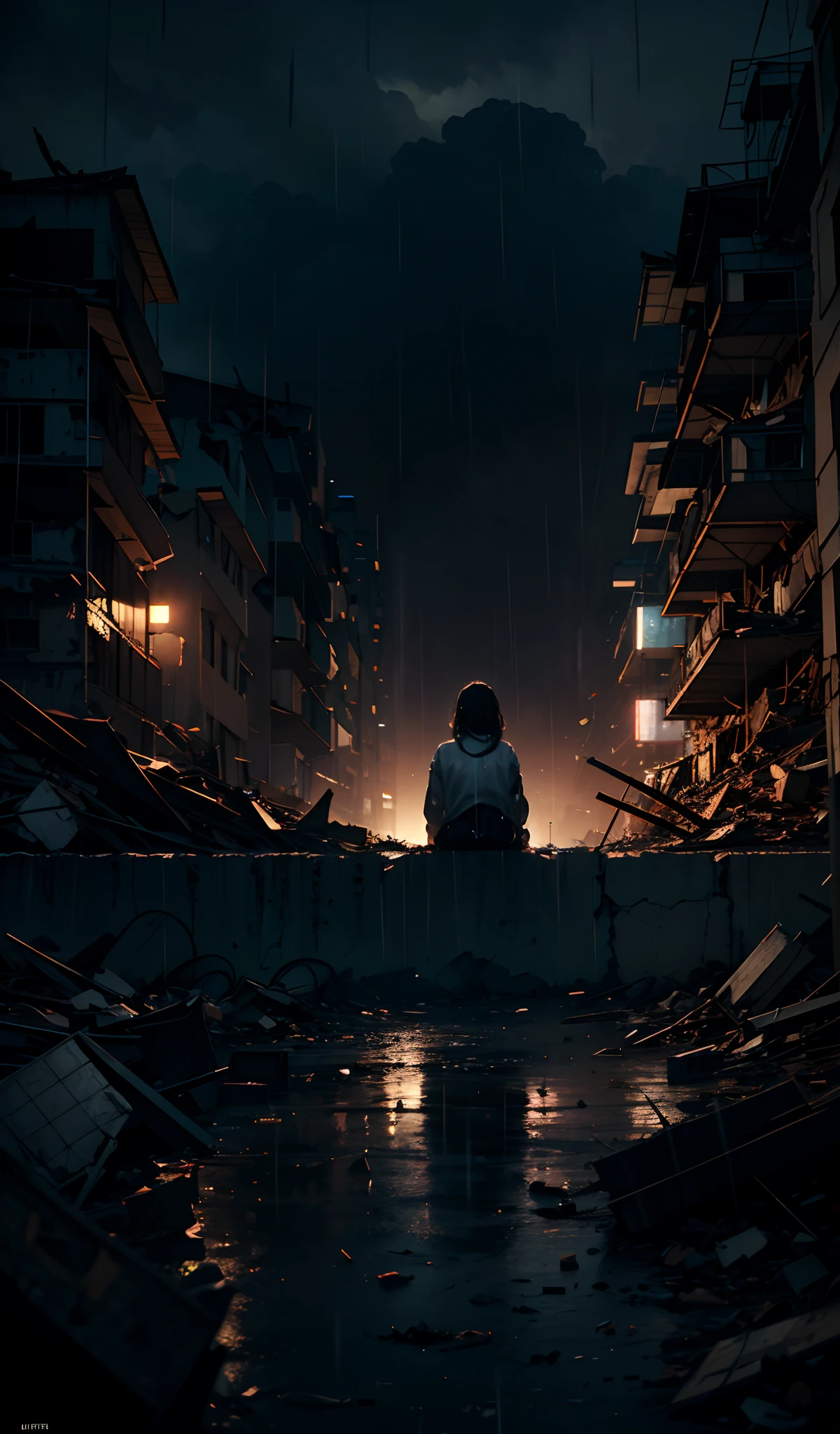 masterpiece, concept art, photography, medium shot, child, sitting, tattered clothes, teddy bear doll beside her, focus shot, cinematic, crying, under (heavy rain:1.4), (night:1.2), rubble building in the background, sad, melancholy, (epic composition, epic proportion), volumetric lighting, reflection, HD