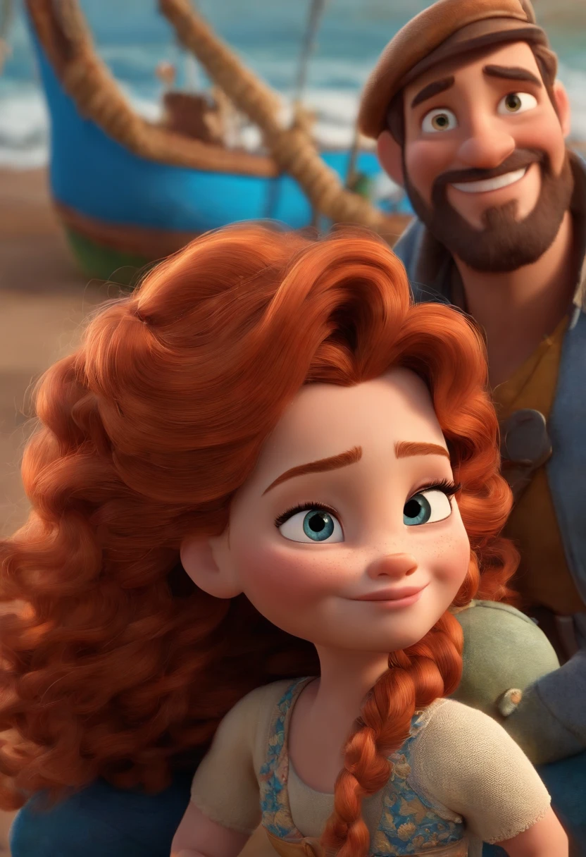 Imagem estilo Pixar com personagem 3D mulher ruiva cabelo cacheado curto caminhando, vestido longo,Maquiagem Disney, Pescador, bonitinho, sorridente ,Close-up, Pixar, Disney, Cinema lighting,