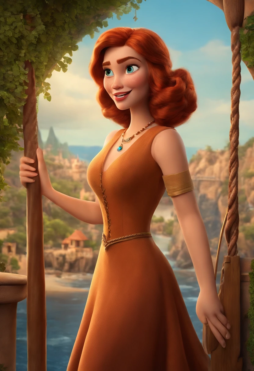 Imagem estilo Pixar com personagem 3D mulher ruiva cabelo cacheado curto caminhando, vestido longo,Maquiagem Disney, Pescador, bonitinho, sorridente ,Close-up, Pixar, Disney, Cinema lighting,